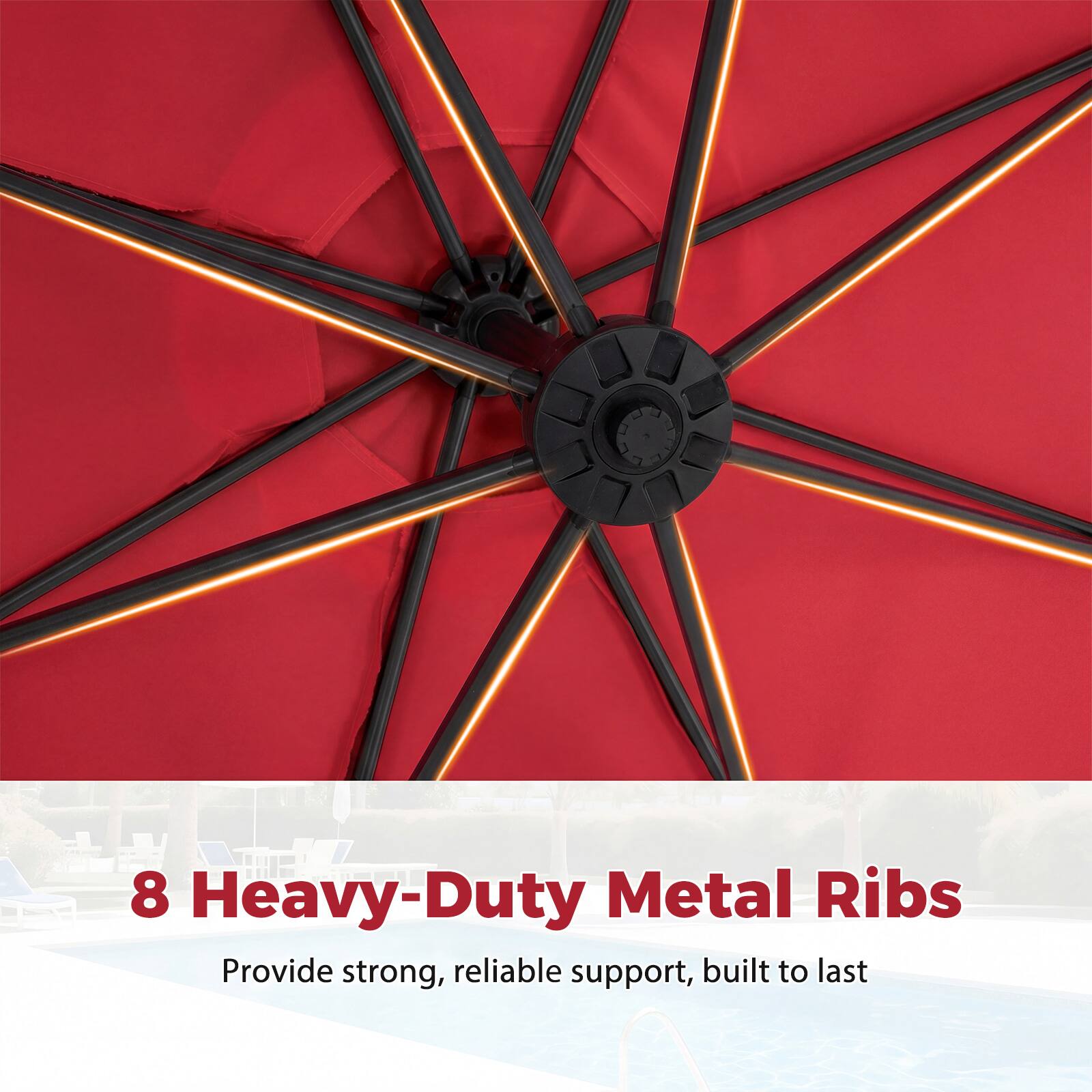 8 Heavy-Duty Metal Ribs  
Provide strong, reliable support, built to last