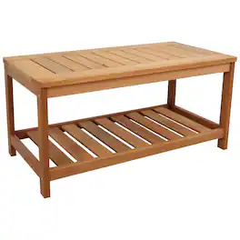 Sunnydaze - 35.25 in Meranti Wood Rectangular Patio Coffee Table with Shelf - Brown