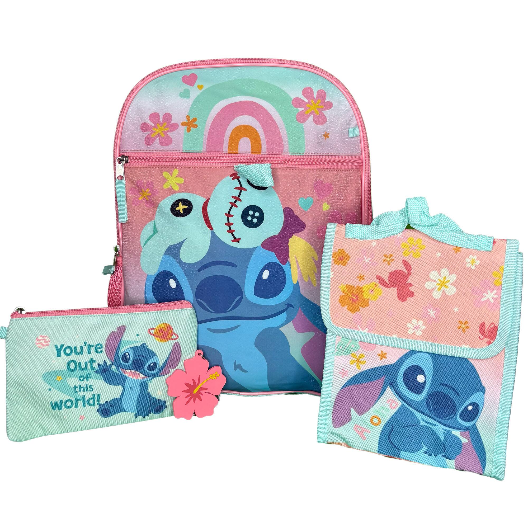 Disney - Stitch Kids School Backpack 16" 5PC Lunch Kit, Keychain, Metal Carabiner, Batman keychain, and utility case - Blue