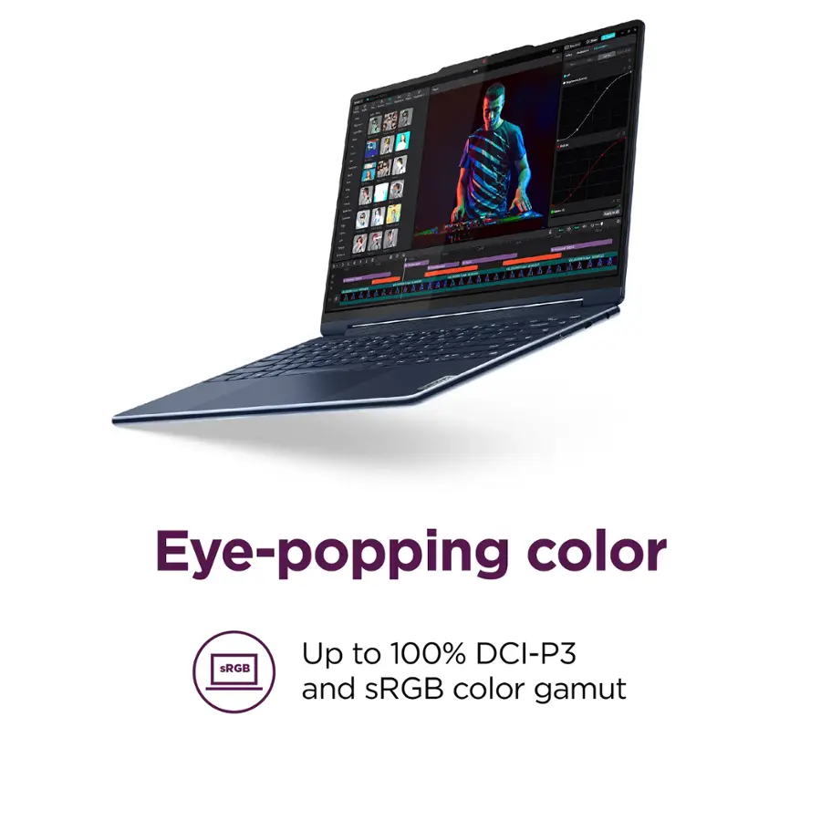 "Eye-popping color" refers to the vibrant and striking colors that can be achieved using the laptop's display. "SRGB" stands for "sRGB" and indicates that the laptop's display can reproduce up to 100% of the sRGB color gamut, which is a widely used color space for digital displays. This means that the laptop can display a wide range of colors, making the visual experience more engaging and accurate.