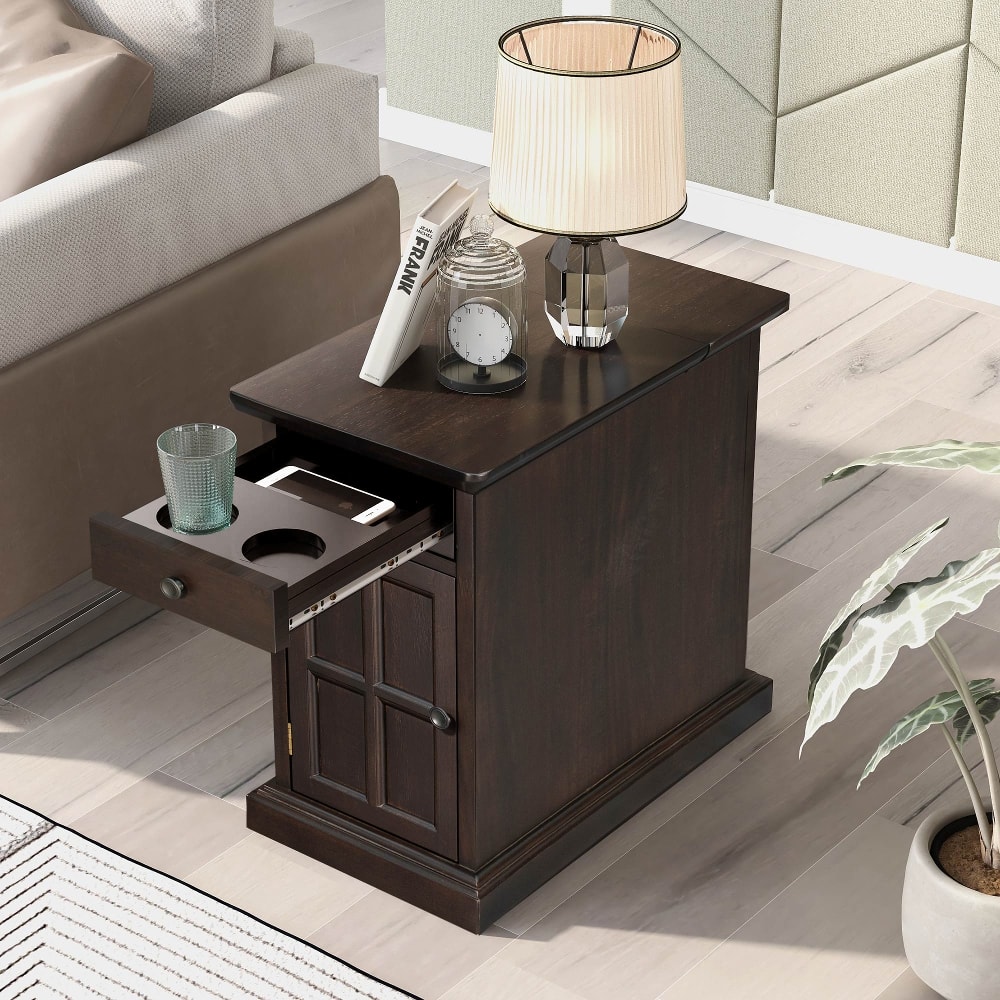Loheer - Vintage End Table with USB Ports Cup Holders Side Table - Antique Espresso price history on PriceWatchPro
