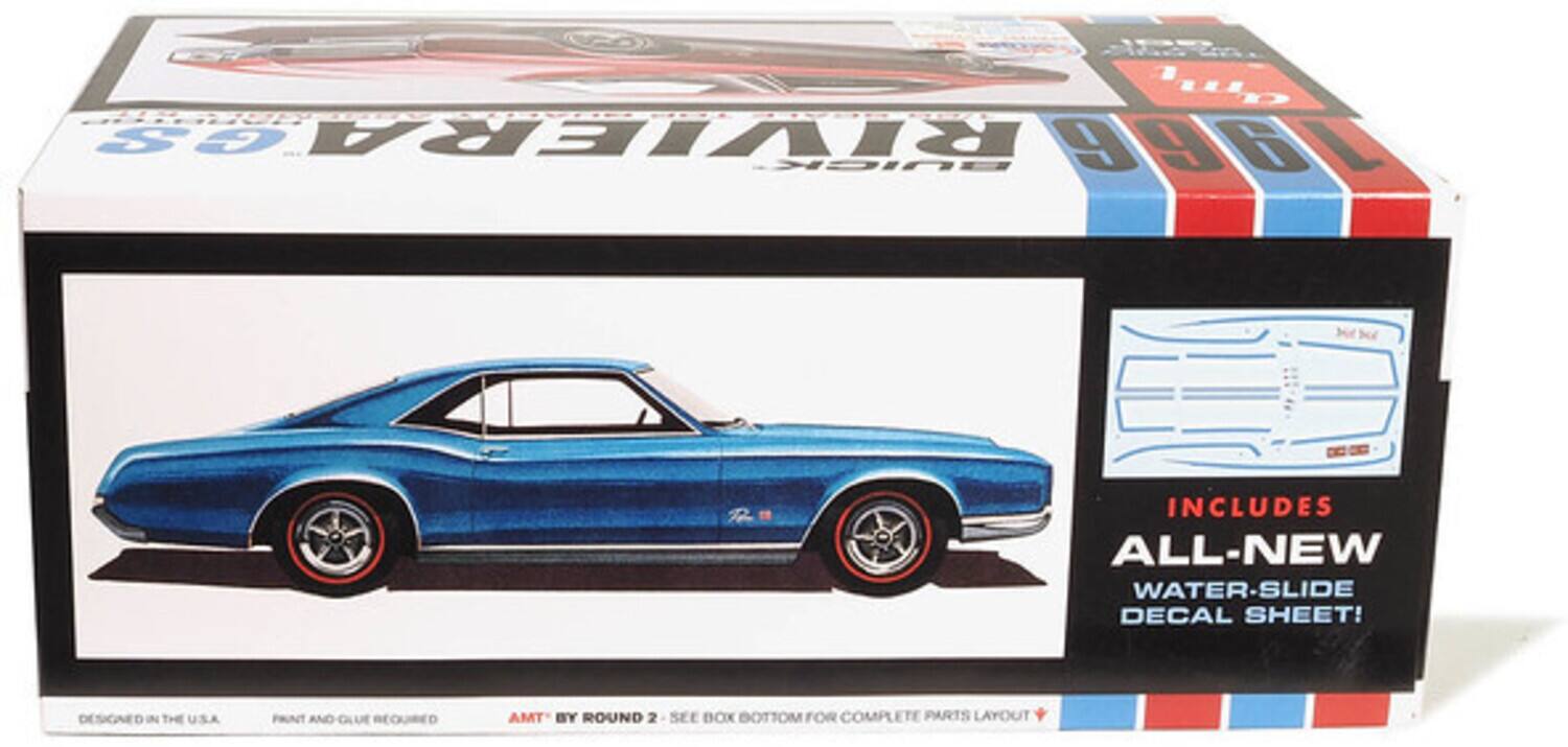 ug GS RIVIERA 1966 BUICK  
INCLUDES ALL-NEW WATER-SLIDE DECAL SHEET!  
DESIGNED IN THE U.S.A  
PRINT AND GLUE REQUIRED  
AMT BY ROUND 2 SEE BOX BOTTOM FOR COMPLETE PARTS LAYOUT