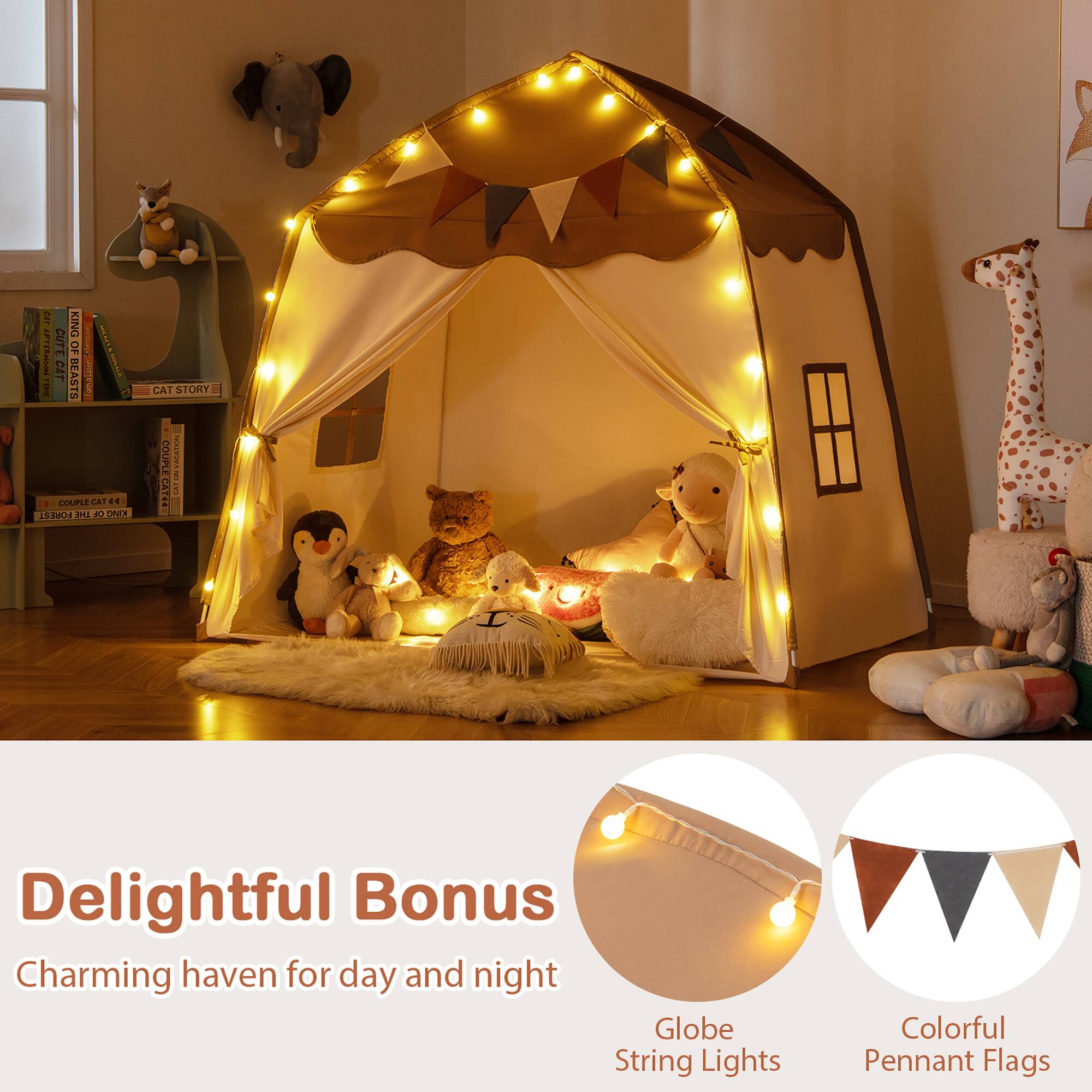 Delightful Bonus  
Charming haven for day and night  

Globe String Lights  
Colorful Pennant Flags
