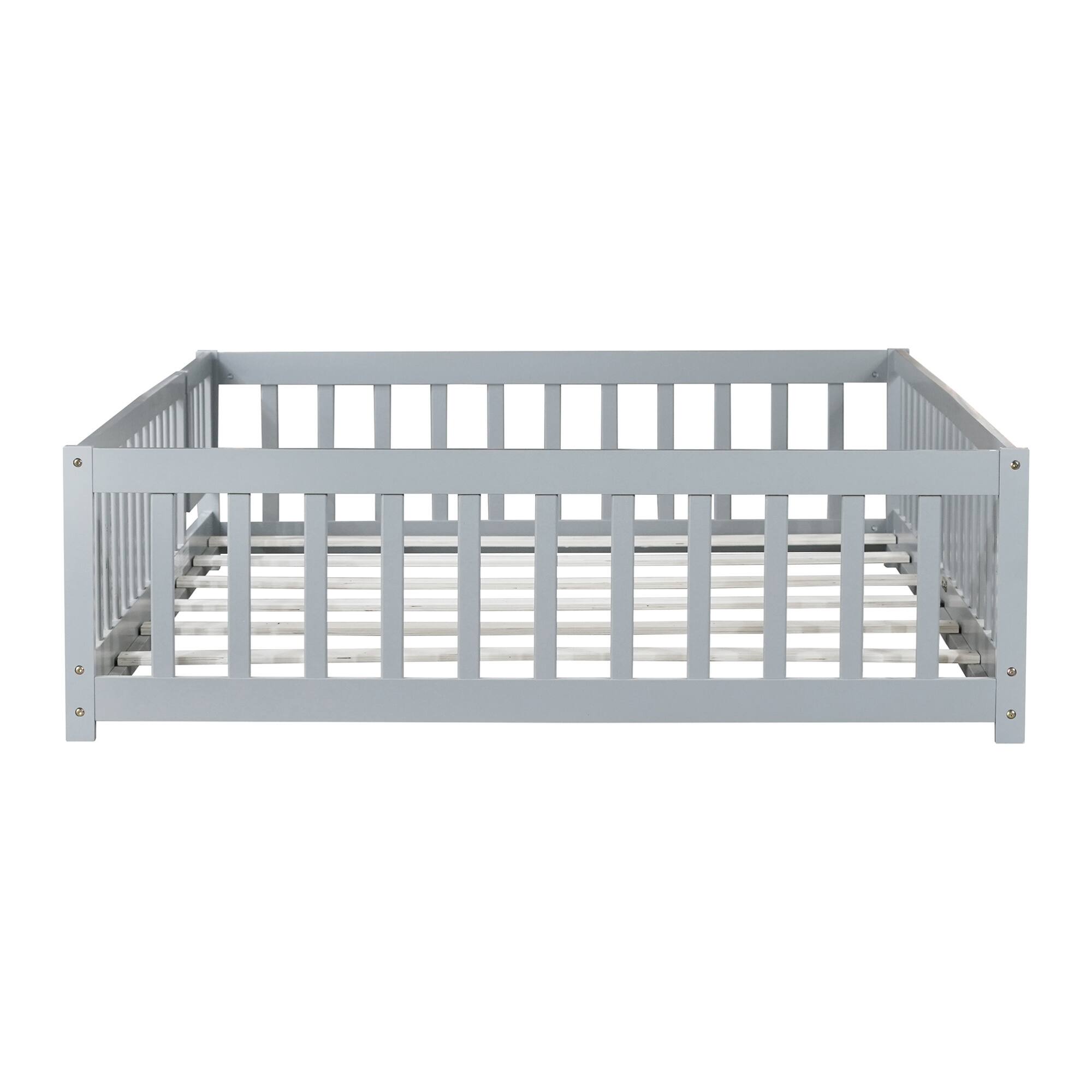 Alt View 9. GOODSILO - Full Size Low Profile Children's Floor Bed with Safety Guardrails and Entry Door, Solid Wood Construction - Grey.