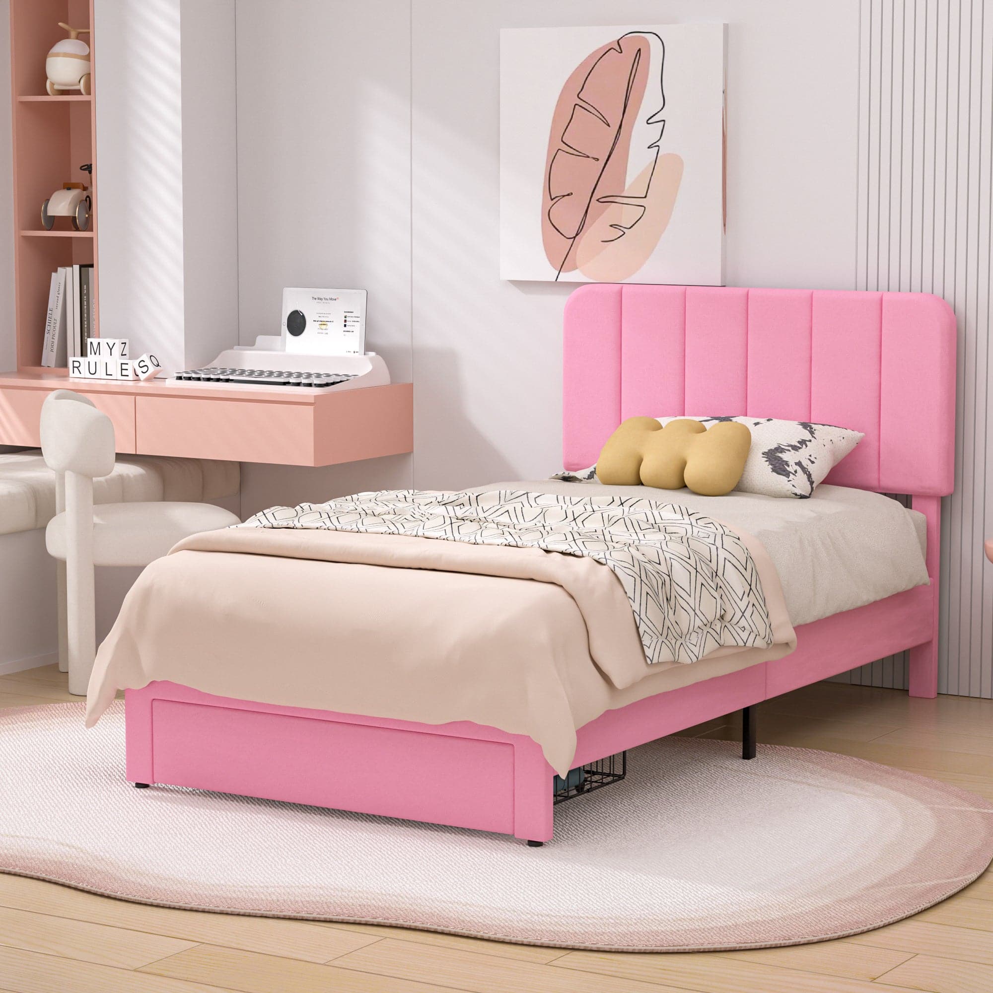 Vecelo - Twin Size Storage Bed Frame with Drawers - Velvet Upholstered, Adjustable Headboard, 800lb Capacity, Noise Free - Pink