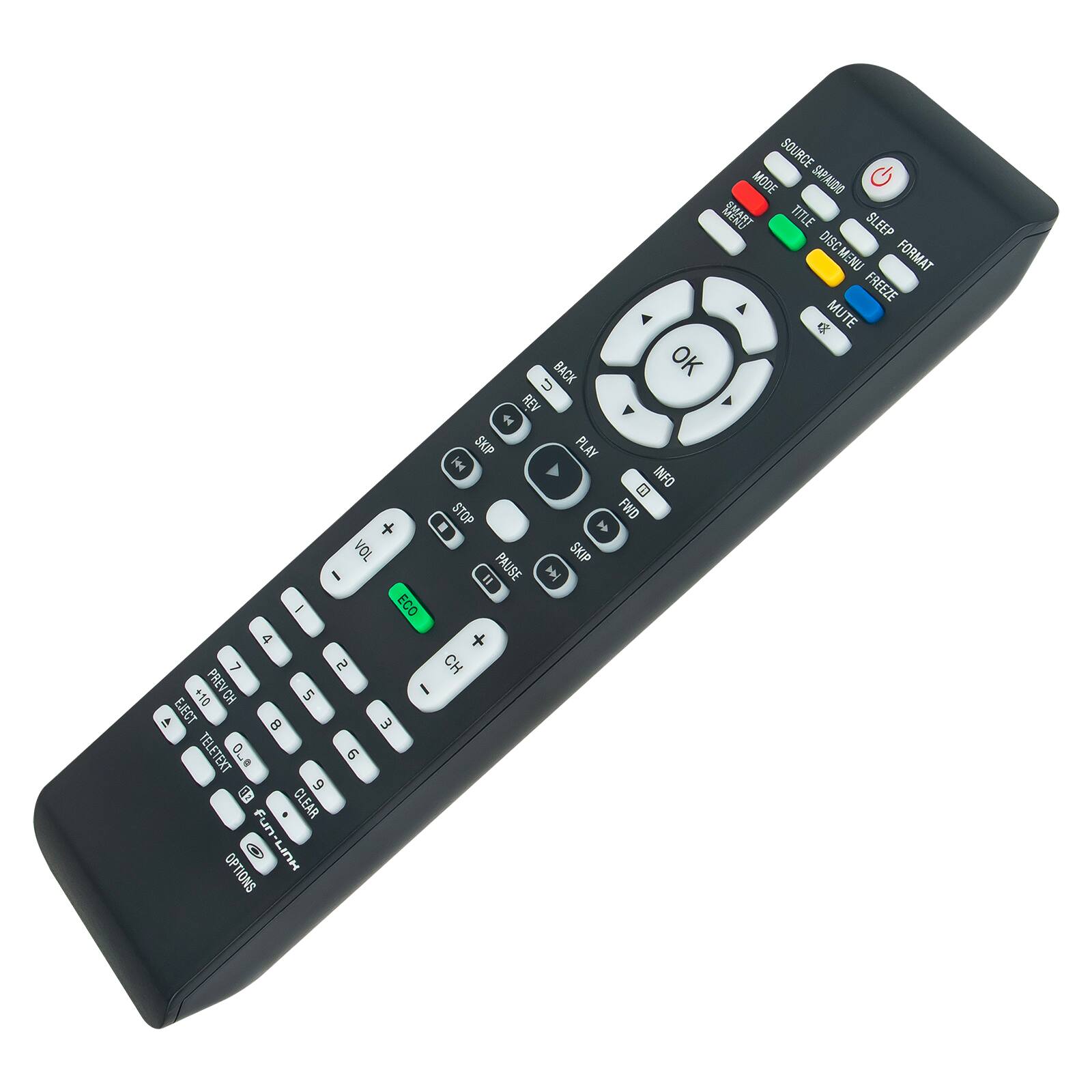 SOURCE MODE SAPIANDIO RAT TITLE SLEEP DISCMENU DISC MENU FORMAT FREEZE C MUTE BACK OK  REV e SKIP PLAY  INFO  STOP FWD +  VOL SKIP I = PAUSE  - ECO 4 7 ru CH +10 PREVCH 5 I IP EJECT 8 E TELETEXT OL0 9 6 B CLEAR OPTIONS 8 Fun-LINH