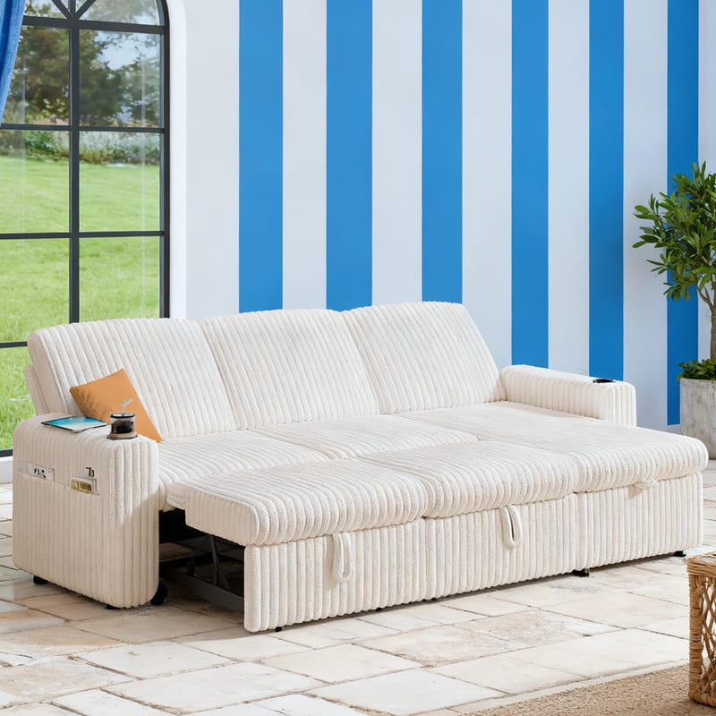 Vipbear - 101” L Shaped Sectional Sleeper Sofa Bed with Pull Out Bed, with Reversible Storage Chaise/USB Ports/Cup Holders - Beige