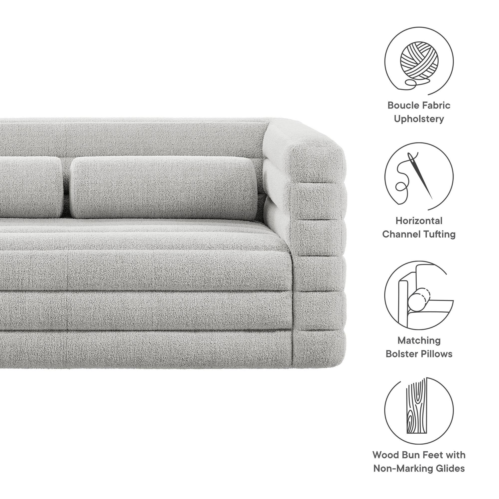 Boucle Fabric Upholstery, Horizontal Channel Tufting, Matching Bolster Pillows, Wood Bun Feet with Non-Marking Glides