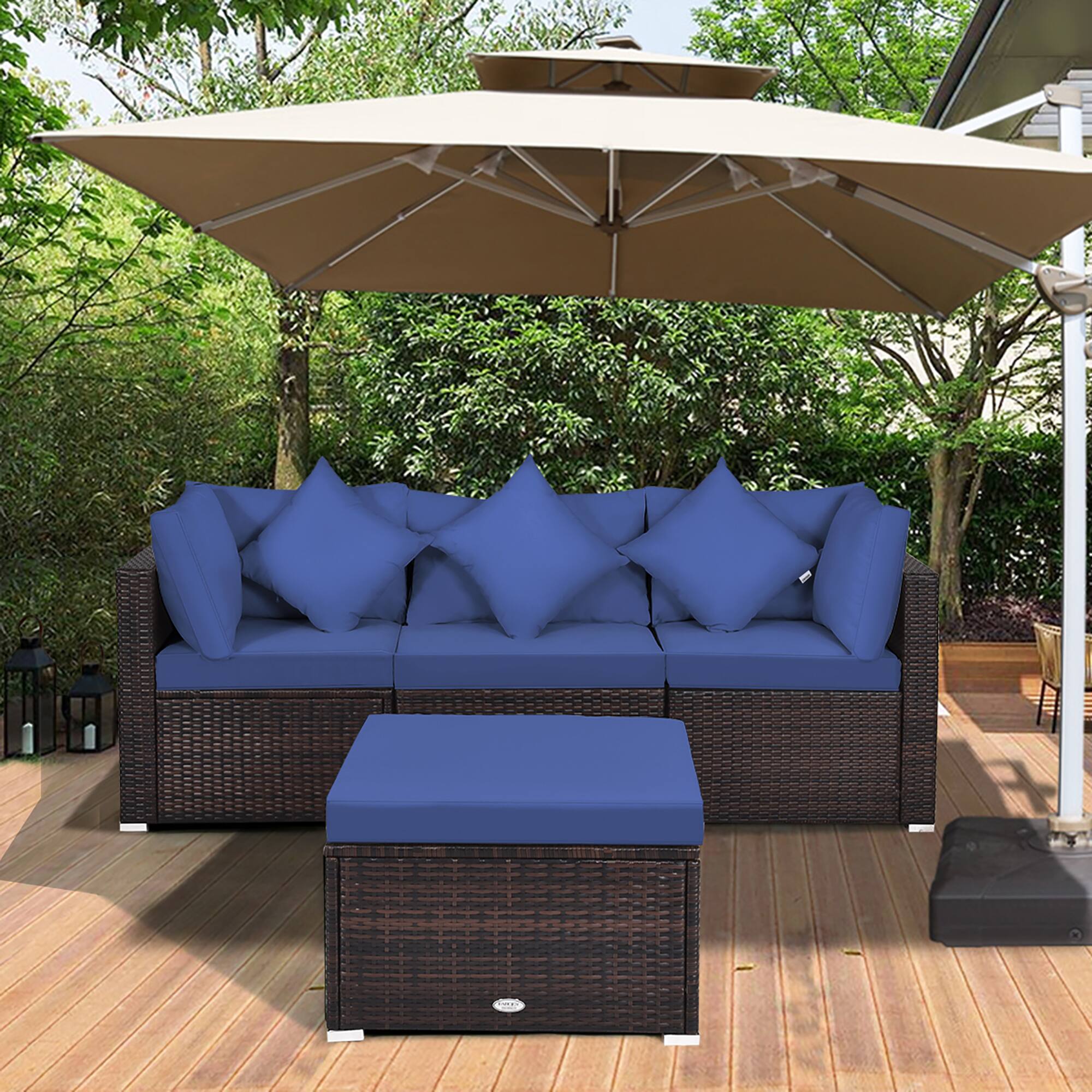 Alt View 3. Costway - 4PCS Patio Rattan Furniture Set Sofa Ottoman Cushion Garden Deck - Navy.