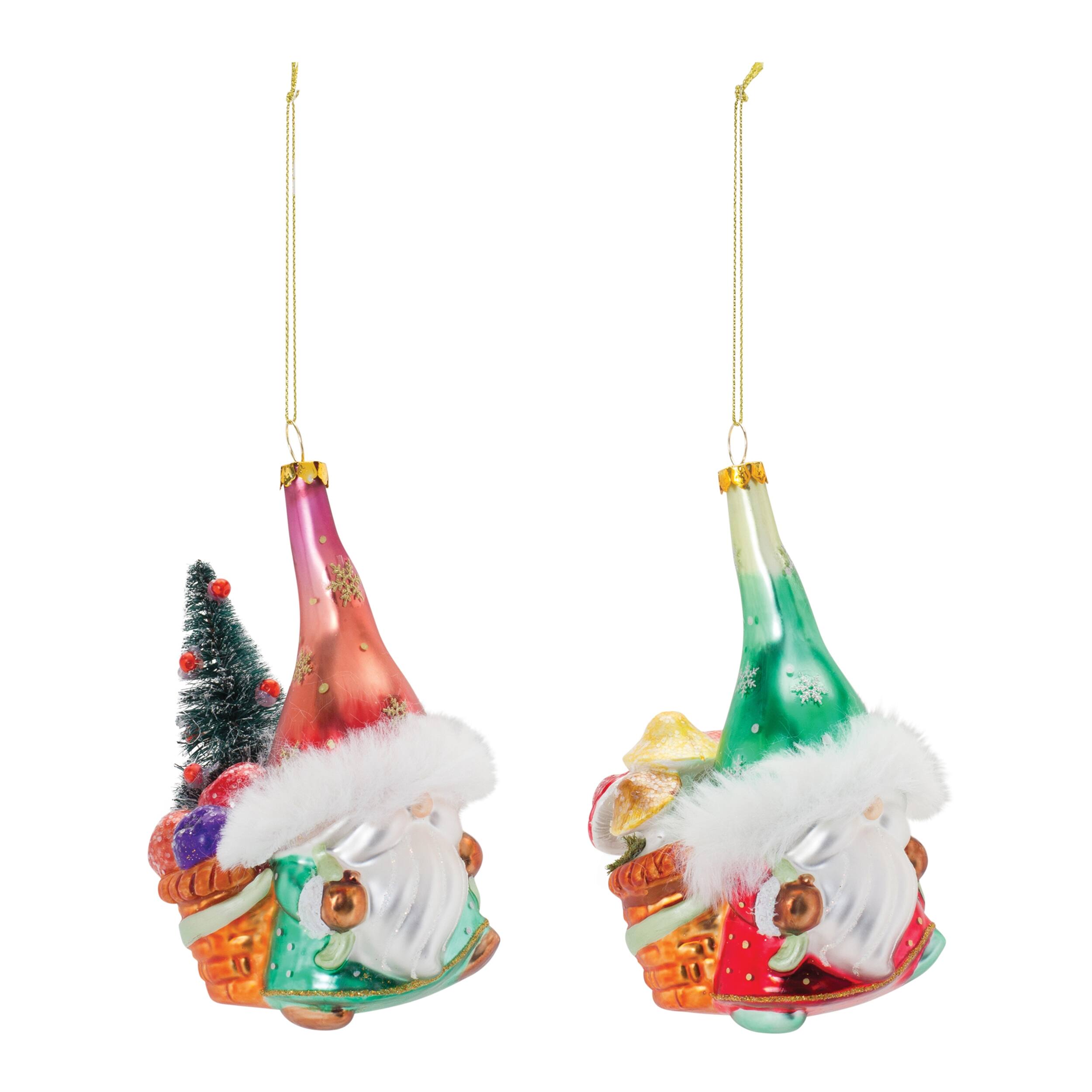 Angle. BreeBe - Glass Santa Gnome Ornament (Set of 6) - Green, Red.