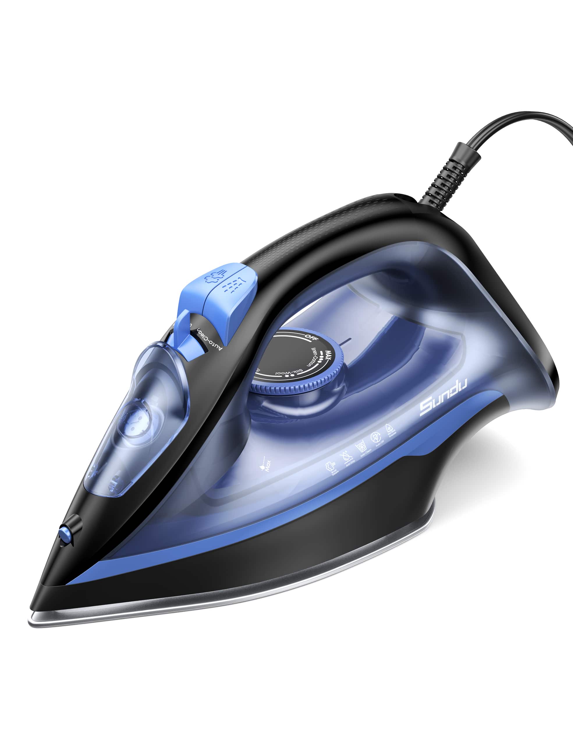 Sundu - 1500W Steam Iron for Clothes, Self-Cleaning Portable Iron, Rapid-Heat Ceramic Soleplate, Auto-Off, Large Tank, Blue