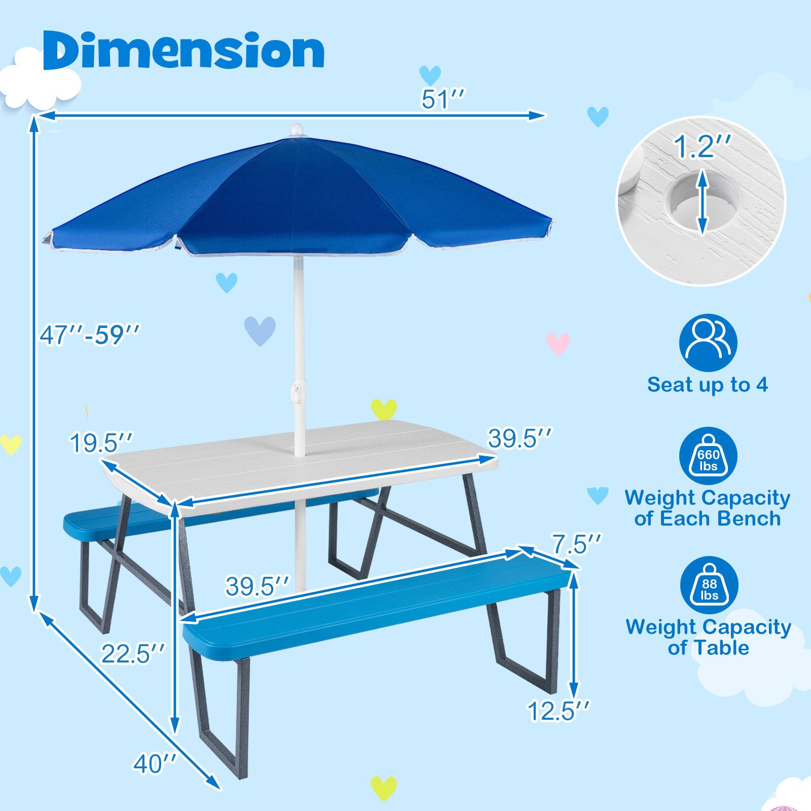 Dimension  
51"  
1.2"  
47"-59"  
Seat up to 4  
19.5"  
39.5"  
660 lbs  
22.5"  
39.5"  
Weight Capacity of Each Bench: 7.5"  
88 lbs  
Weight Capacity of Table: 12.5"  
40"