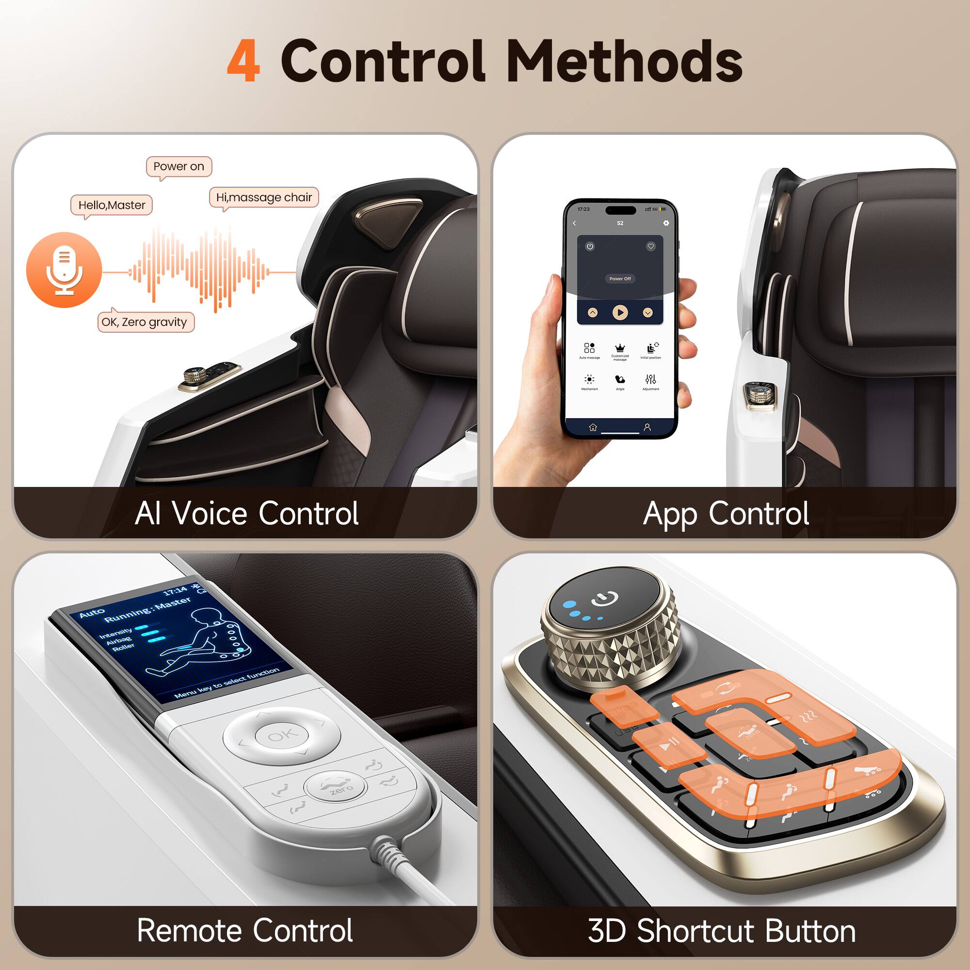 4 Control Methods

1. AI Voice Control
   - Power on
   - Hello, Master
   - OK, Zero gravity

2. App Control

3. Remote Control

4. 3D Shortcut Button