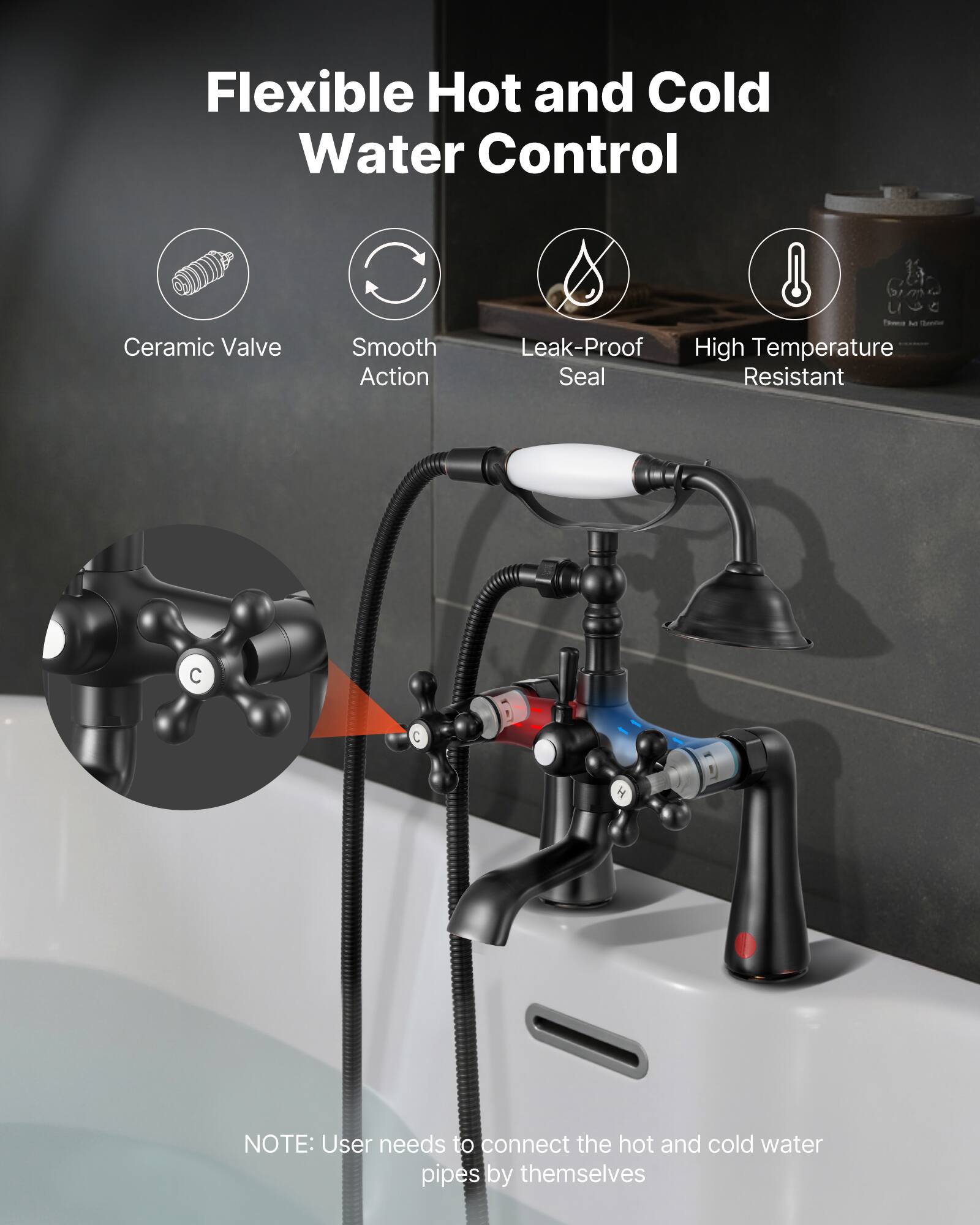 Flexible Hot and Cold Water Control

- Ceramic Valve
- Smooth Action
- Leak-Proof Seal
- High Temperature Resistant

NOTE: User needs to connect the hot and cold water pipes by themselves