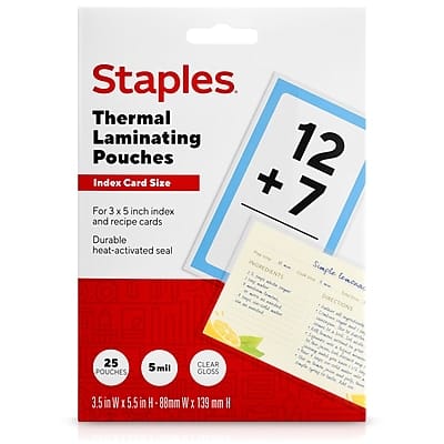 Staples - Thermal Laminating Pouches, Index Card, 5 Mil, 25/Pack - Clear