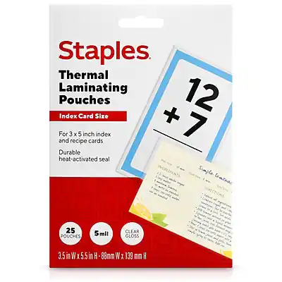 Staples Thermal Laminating Pouches
Index Card Size
12 Pouches for 3 x 5 inch index and recipe cards
+ 7 Pouches for 3 x 5 inch index and recipe cards
Durable heat-activated seal
Simple laminating
25 POUCHES
5 mil
CLEAR GLOSS
3.5 in W x 5.5 in H
88mm W x 139mm H