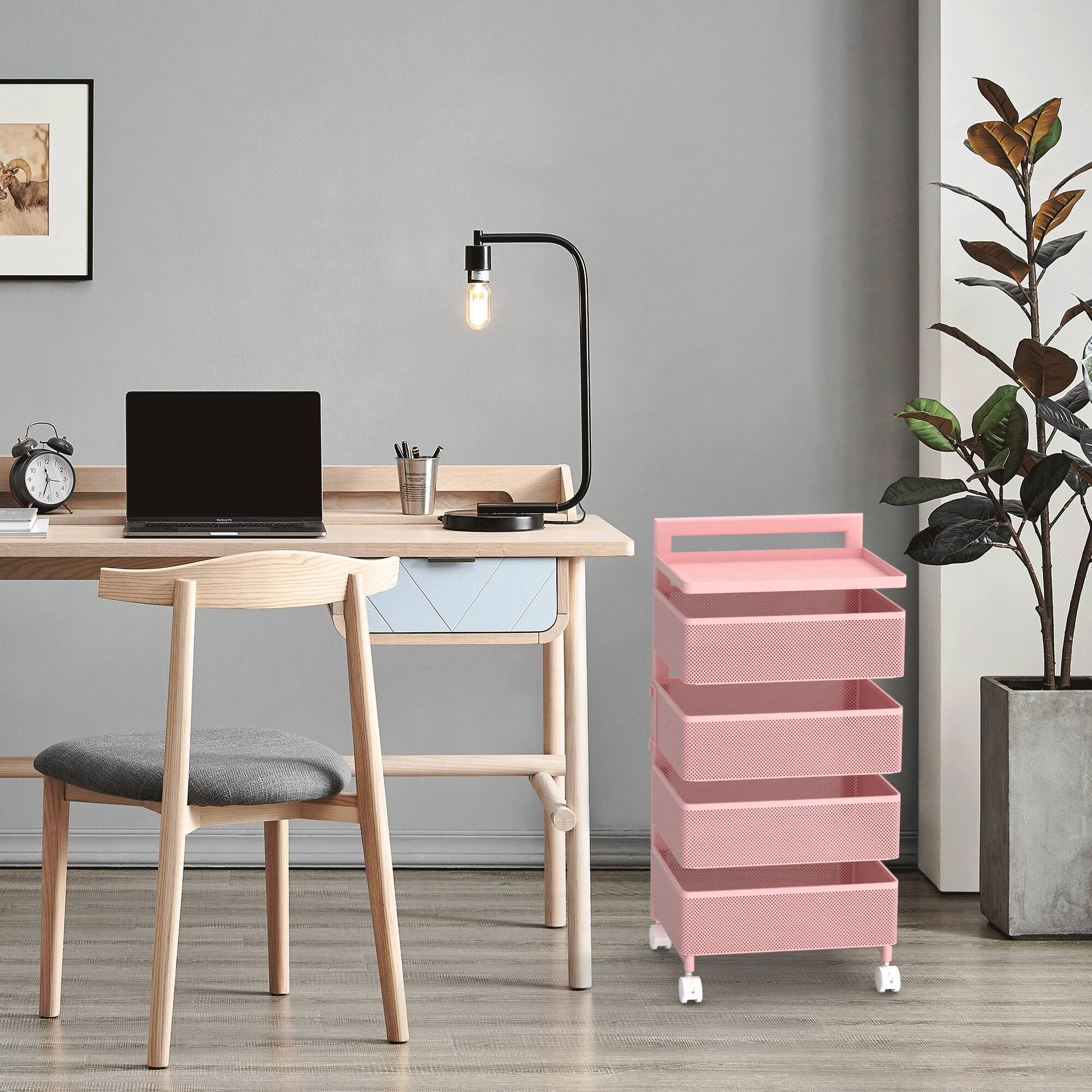 Alt View 2. Malletson - 5-Tier Rotating Kitchen Storage Cart with Wheels, Metal Mesh Organizer for Fruits, Vegetables, and Kitchen Supplies - Pink.