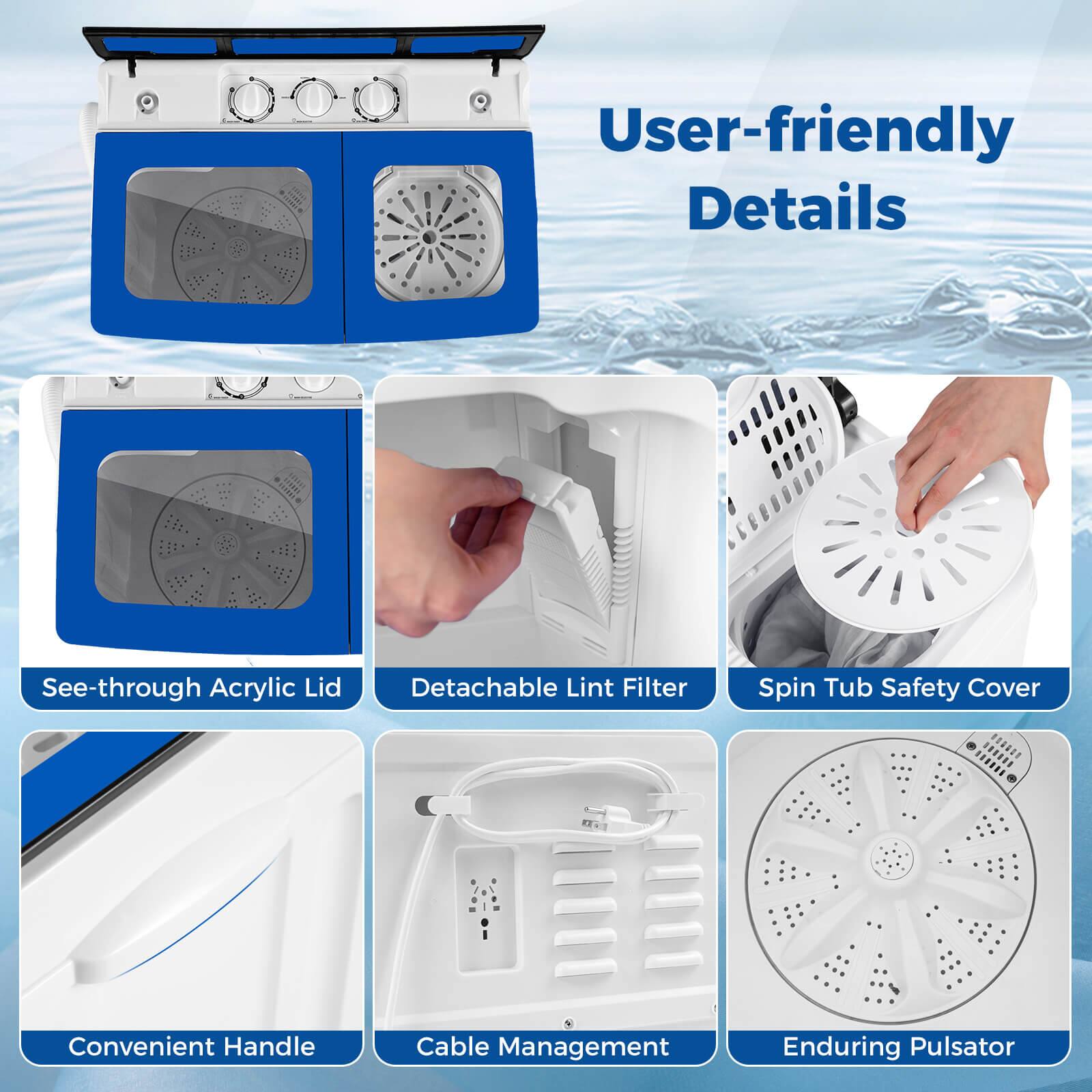 User-friendly Details  
- See-through Acrylic Lid  
- Detachable Lint Filter  
- Spin Tub Safety Cover  
- Convenient Handle  
- Cable Management  
- Enduring Pulsator