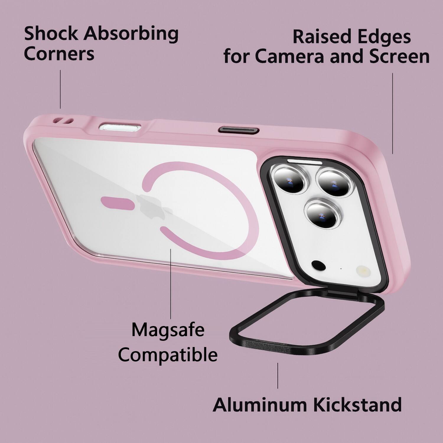 - Shock Absorbing Corners
- Raised Edges for Camera and Screen
- Magsafe Compatible
- Aluminum Kickstand