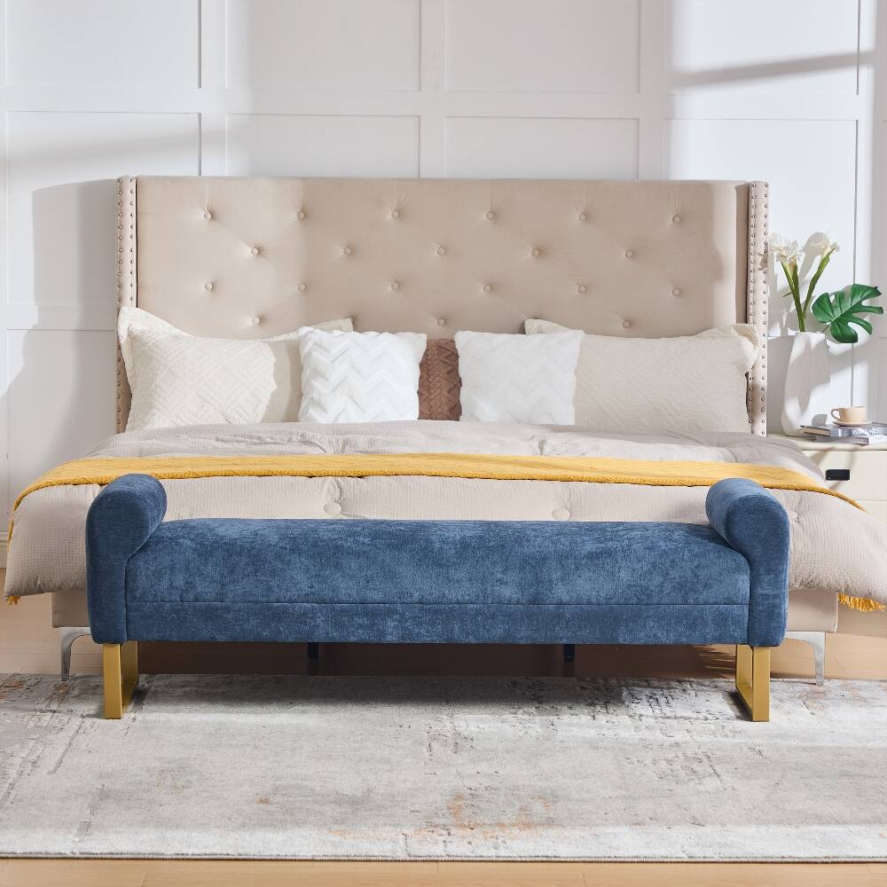 Alt View 2. Ropilly - Ropilly Blue Chenille End of Bed Bench Upholstered Bedroom Ottoman Bench with Gold Legs and Arms for Entryway - Blue.