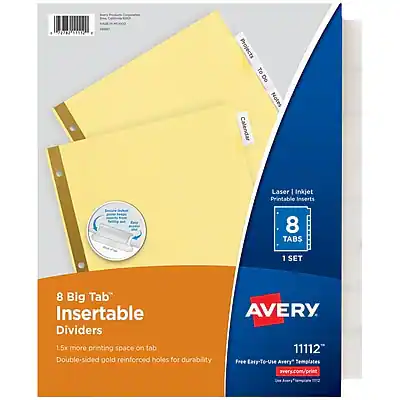 AR Projects TO Do To Notes Calendar Laser Inkjet Printable Inserts 8 TABS 1 SET 8 Big Tab Insertable Dividers 1.5x more printing space on tab Double-sided gold reinforced holes for durability AVERY 11112 Free Easy-to-Use Avery Templates avery.com/print