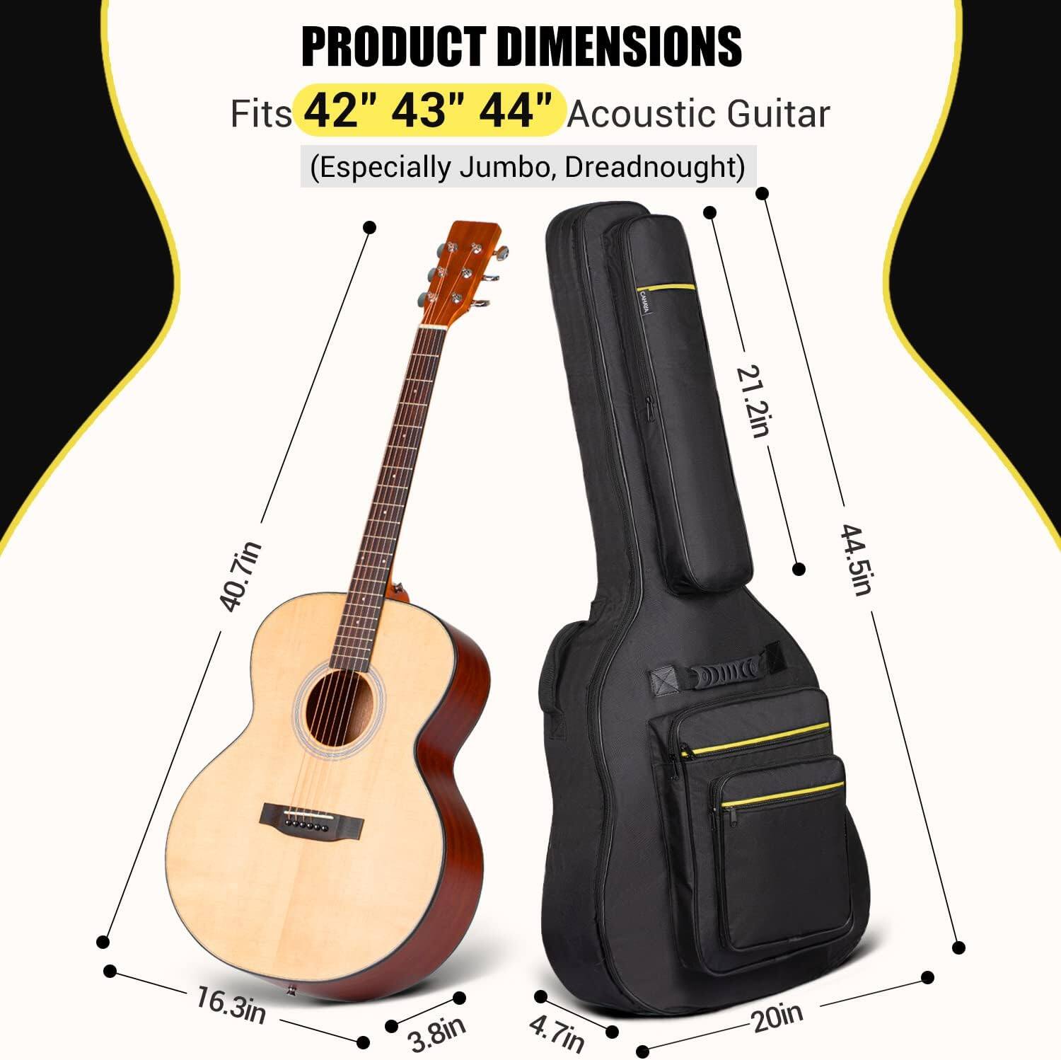 PRODUCT DIMENSIONS  
Fits 42" 43" 44" Acoustic Guitar (Especially Jumbo, Dreadnought)  
- 40.7in  
- 21.2in  
- 44.5in  
- 16.3in  
- 3.8in  
- 4.7in  
- 20in