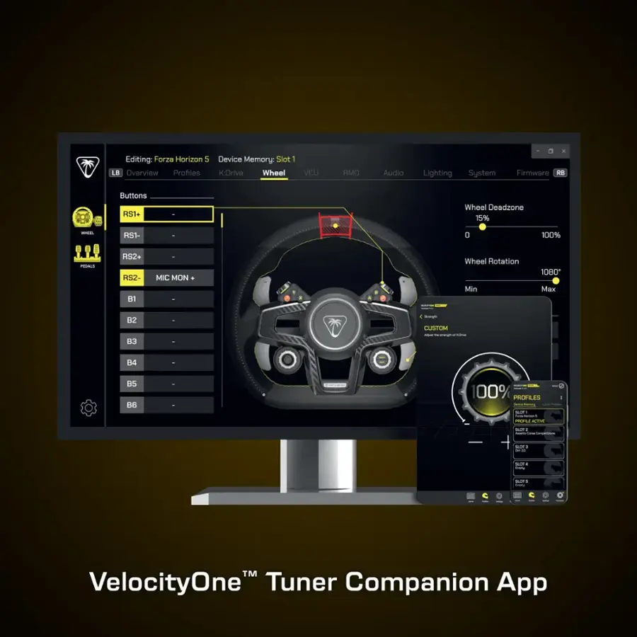Editing Forza Horizon 5 E Overview Profles Device Memory: Slot 1 K-Drive Wheel VCU RMD Audio Lighting System D Firmware RB - Buttons R51+ HS1- m Wheel Deadzone 15% 0 100% HO RS2+ RS2-  MIC MON Wheel Rotation Min 1080* Max B2 3  - CUSTOM - - -  B4 BS B6 00% PROFILES | - | : -OT - - mIL -  | - ad - - ad - - SO - I ee VelocityOne Tuner Companion App