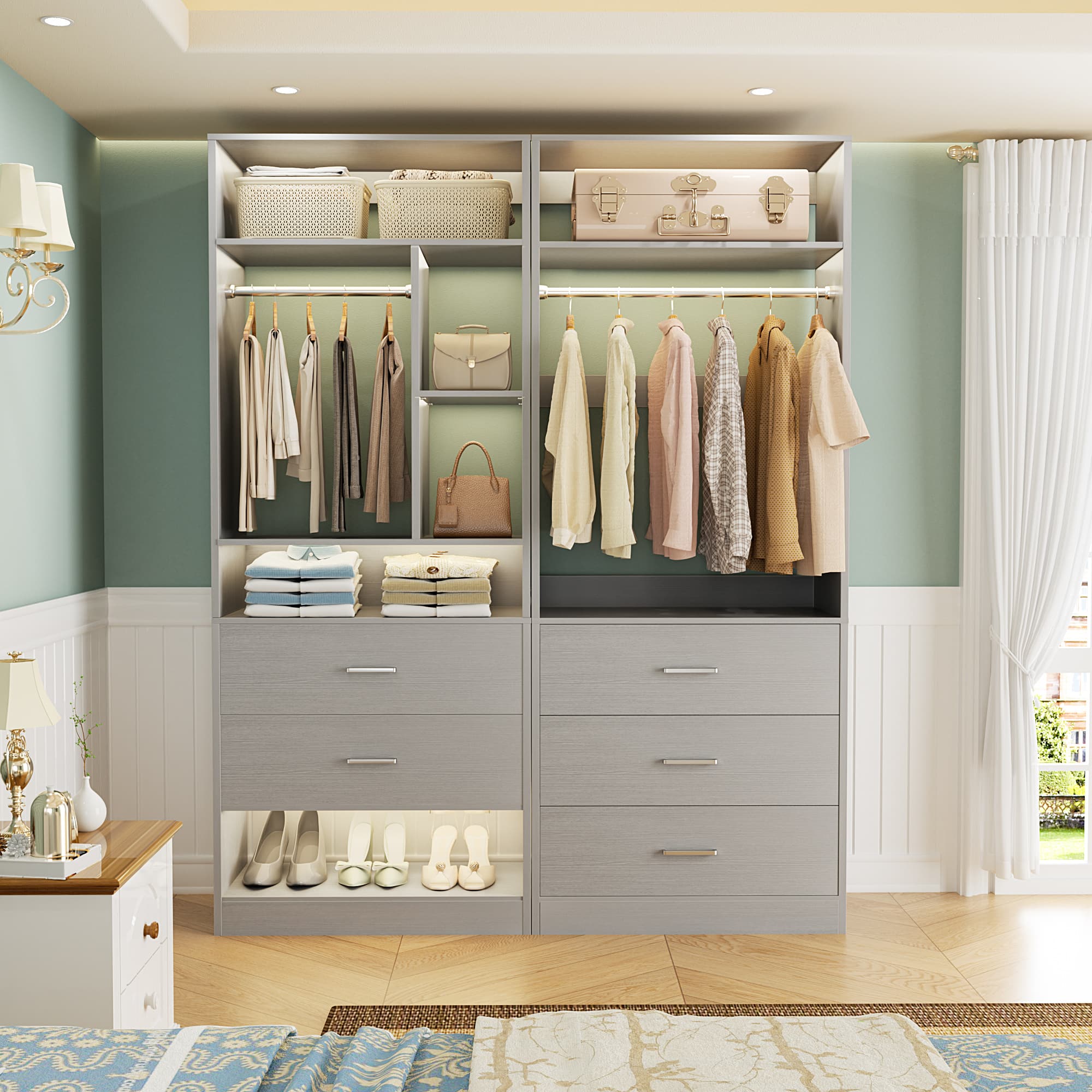 Front. Aheaplus - Heavy Duty 48-Inch Walk-in Closet Organizer: 5 Wood Drawers, 2 Hanging Rods, 7 Shelves (48x15x80 in) - Gray.