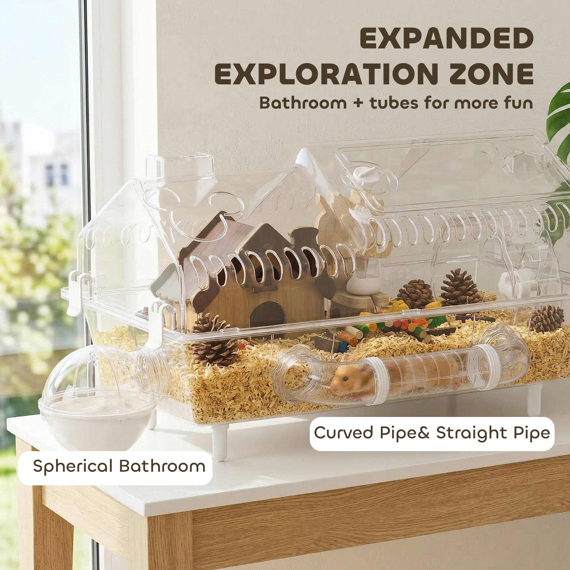 EXPANDED EXPLORATION ZONE  
Bathroom + tubes for more fun  

Spherical Bathroom  
Curved Pipe & Straight Pipe
