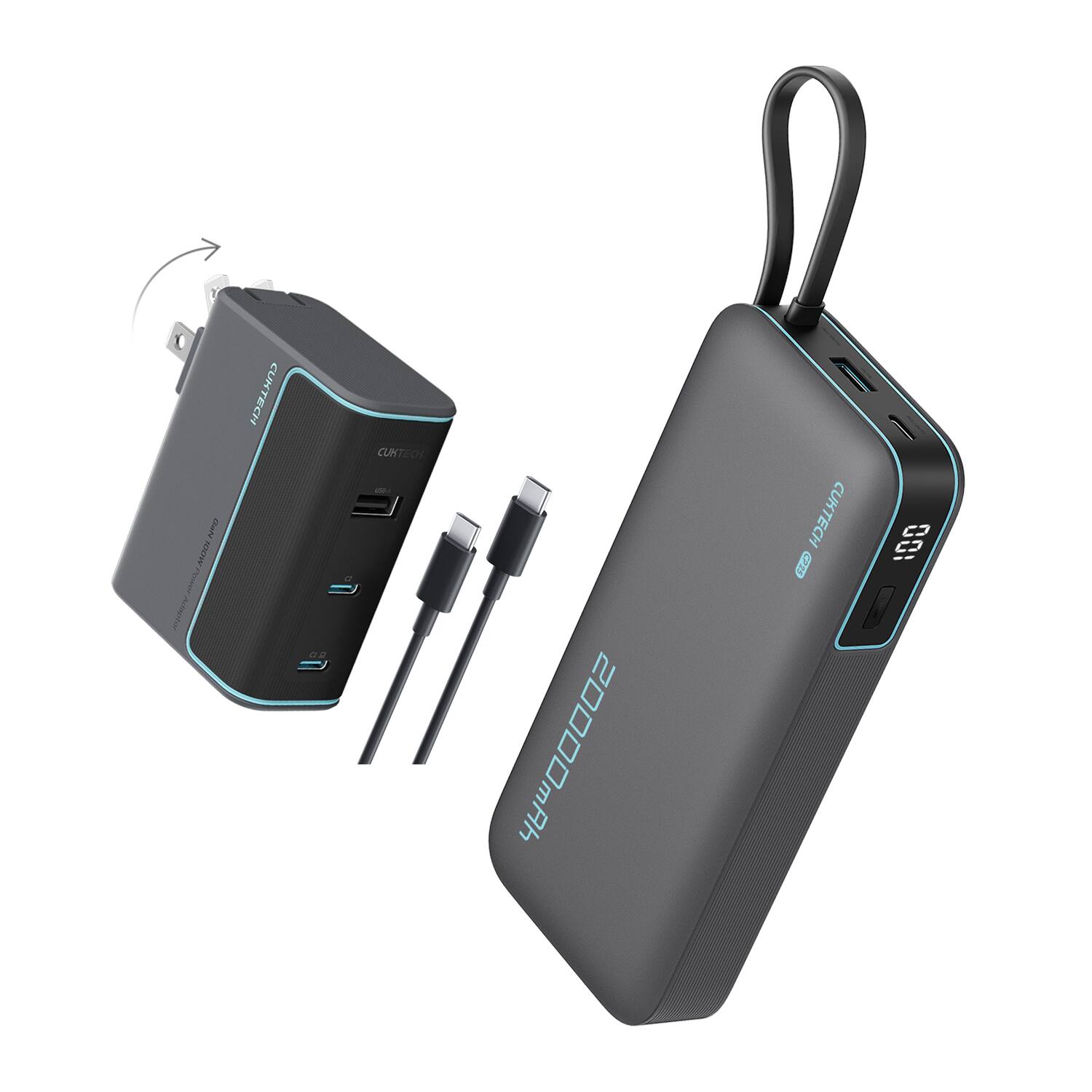 CUKTECH - 45W 20000mAh Power Bank and 100W GaN Wall Charger Kit with 240W Cable Bundle for Laptops Phones
