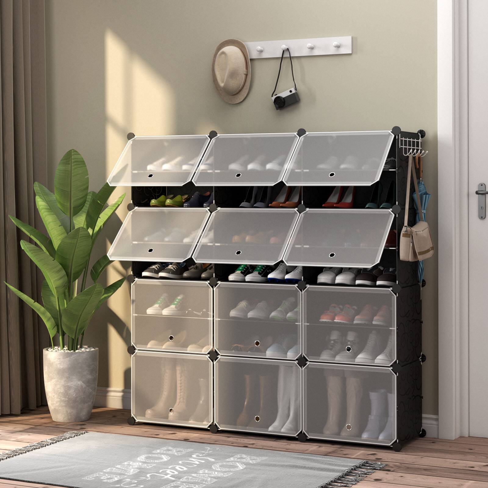 Alt View 9. Ecooso - 12-Cube 48 Pairs Portable Shoe Shelves with Hook - Black.