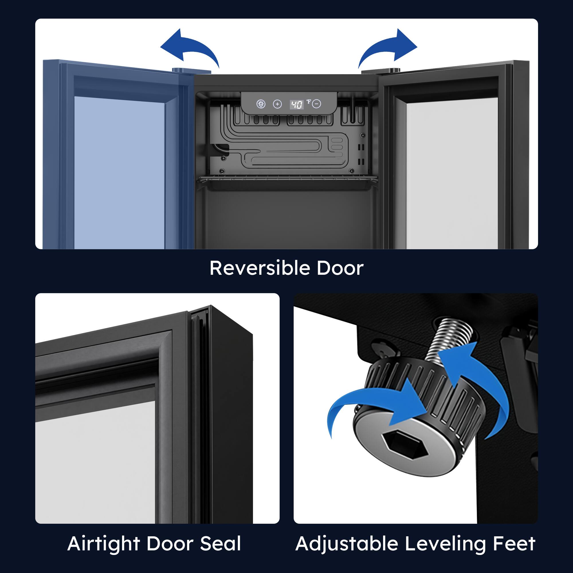 - Reversible Door
- Airtight Door Seal
- Adjustable Leveling Feet