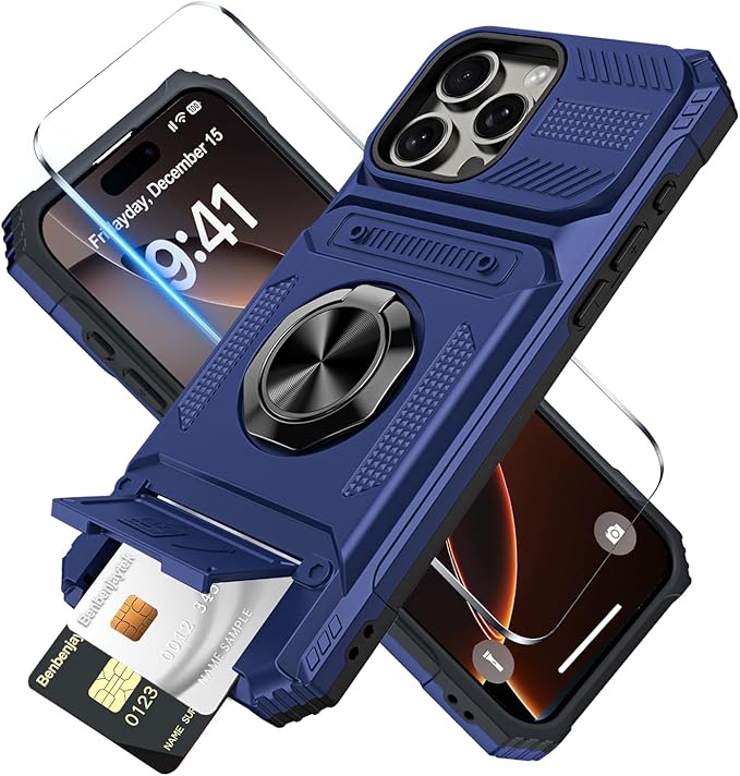 Gravity Ridge - for iPhone 13 Pro Wallet Case with Card Holder 360°Ring Kickstand Military Grade Drop Shockproof Rugged Case - Blue