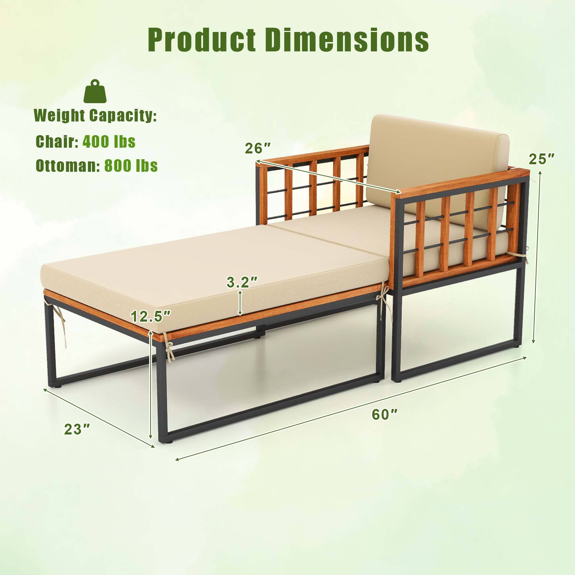 Product Dimensions:
Weight Capacity:
- Chair: 400 lbs
- Ottoman: 800 lbs

Dimensions:
- 26" (length)
- 25" (width)
- 3.2" (height)
- 12.5" (depth)
- 23" (length)
- 60" (width)