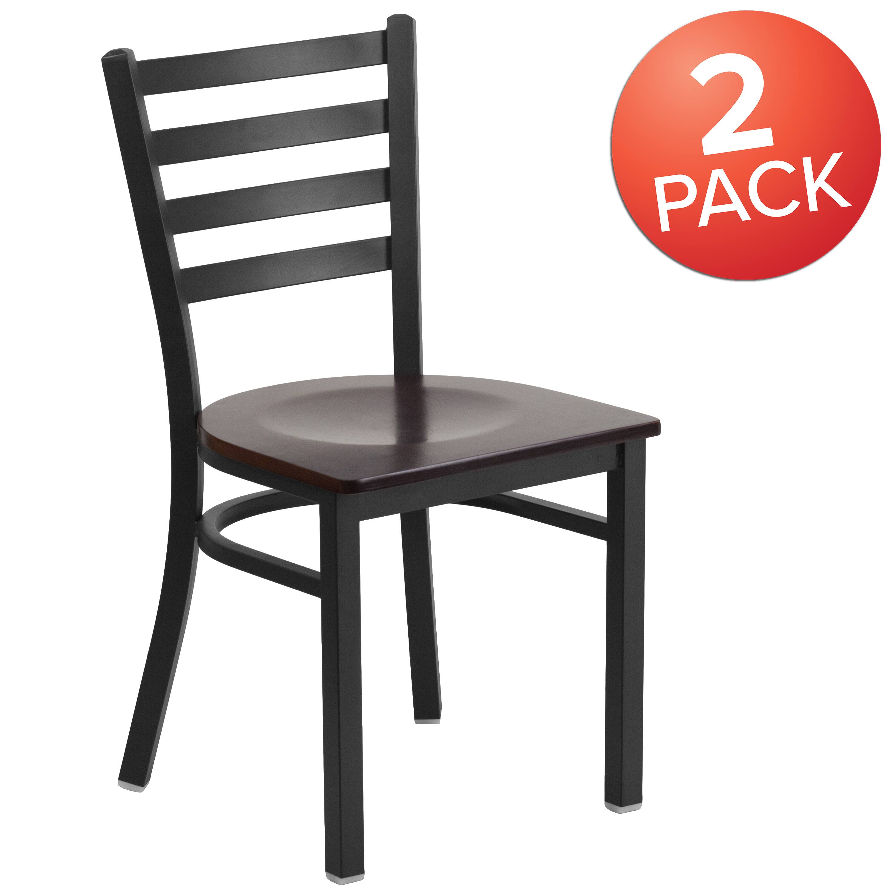 Alt View 1. Emma + Oliver - 2 Pack Ladder Back Metal Restaurant Chair - Walnut Wood Seat/Black Metal Frame.