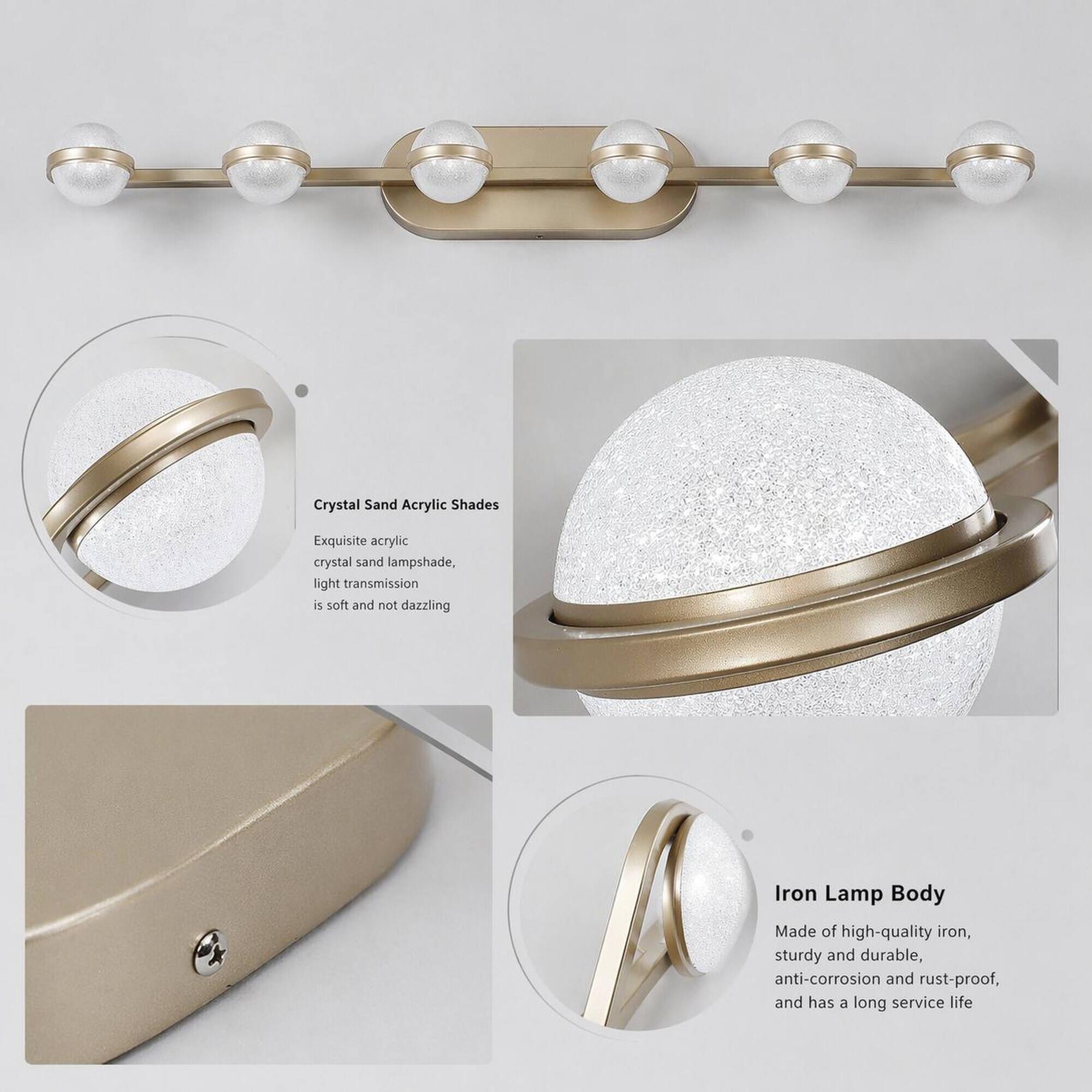 Crystal Sand Acrylic Shades

Exquisite acrylic crystal sand lampshade, light transmission is soft and not dazzling

Iron Lamp Body

Made of high-quality iron, sturdy and durable, anti-corrosion and rust-proof, and has a long service life