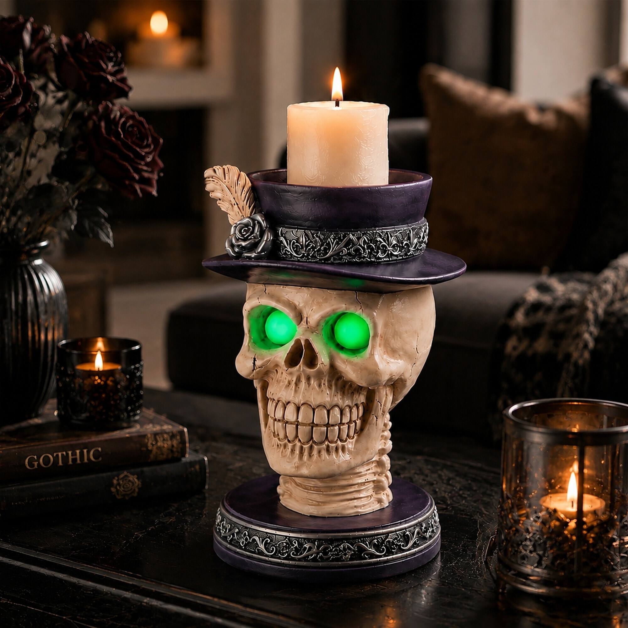Angle. RYHNUYNE - Gothic Skull Candle Holder Statue with Glowing Green LED Eyes and Victorian Feather Top Hat for Spooky Halloween - Black.