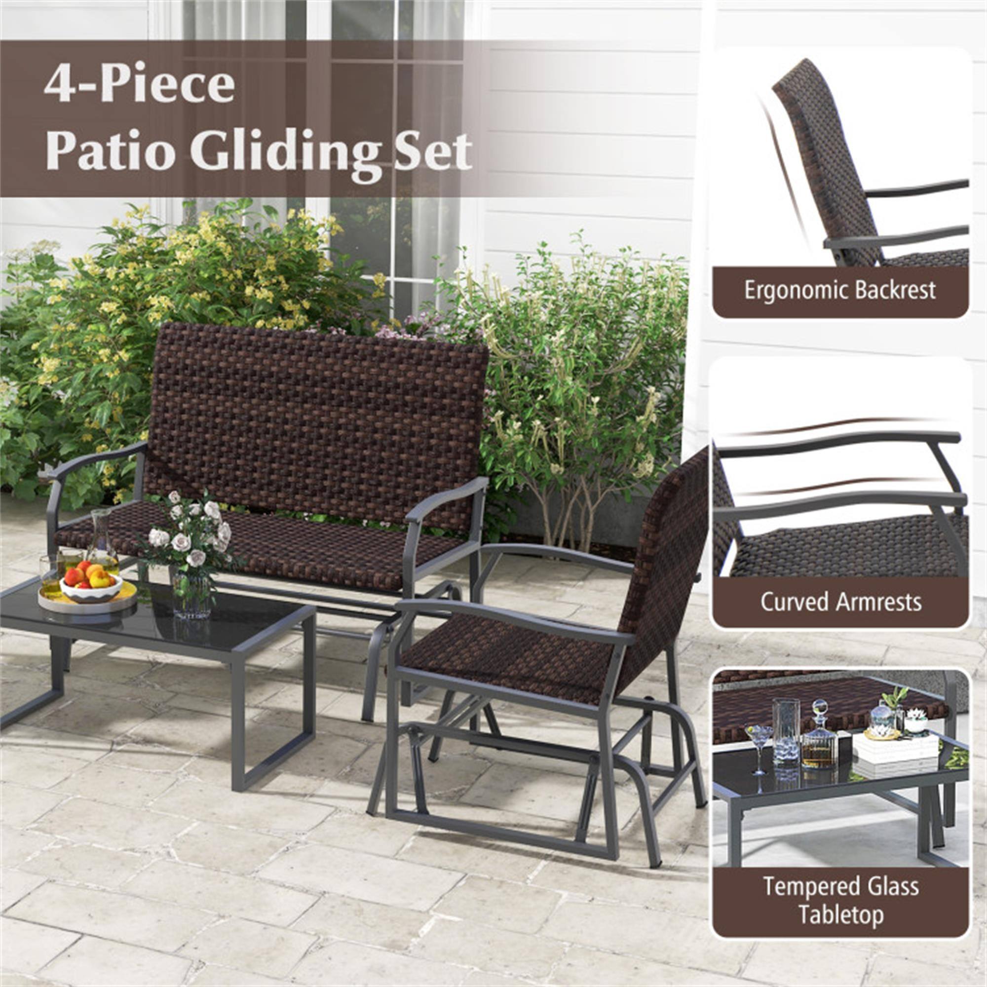 4-Piece Patio Gliding Set

- Ergonomic Backrest
- Curved Armrests
- Tempered Glass Tabletop
