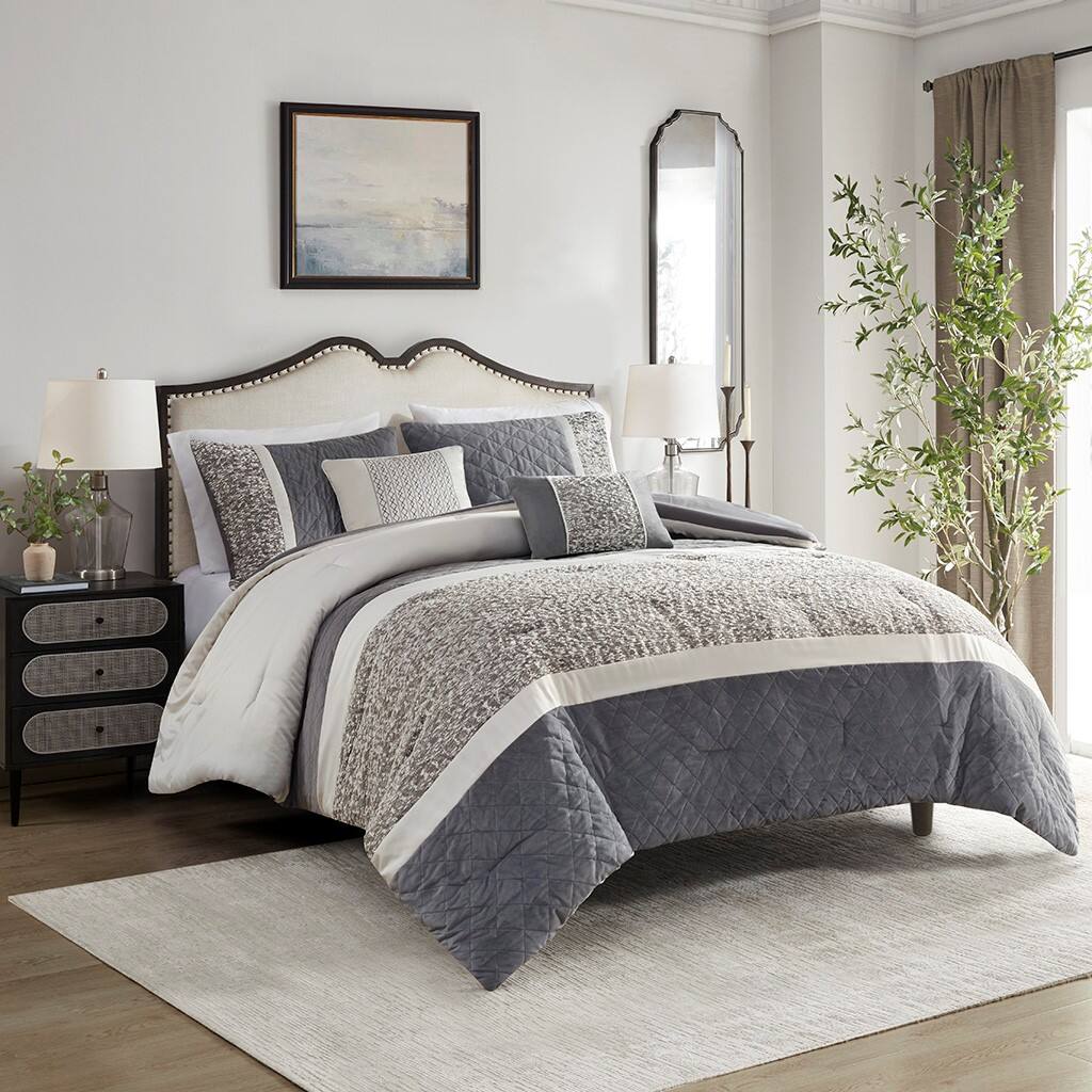 Alt View 1. Gracie Mills - Gracie Mills Cecilia 5 Piece Textured Jacquard Stripe Comforter Set with Throw Pillows - Grey.