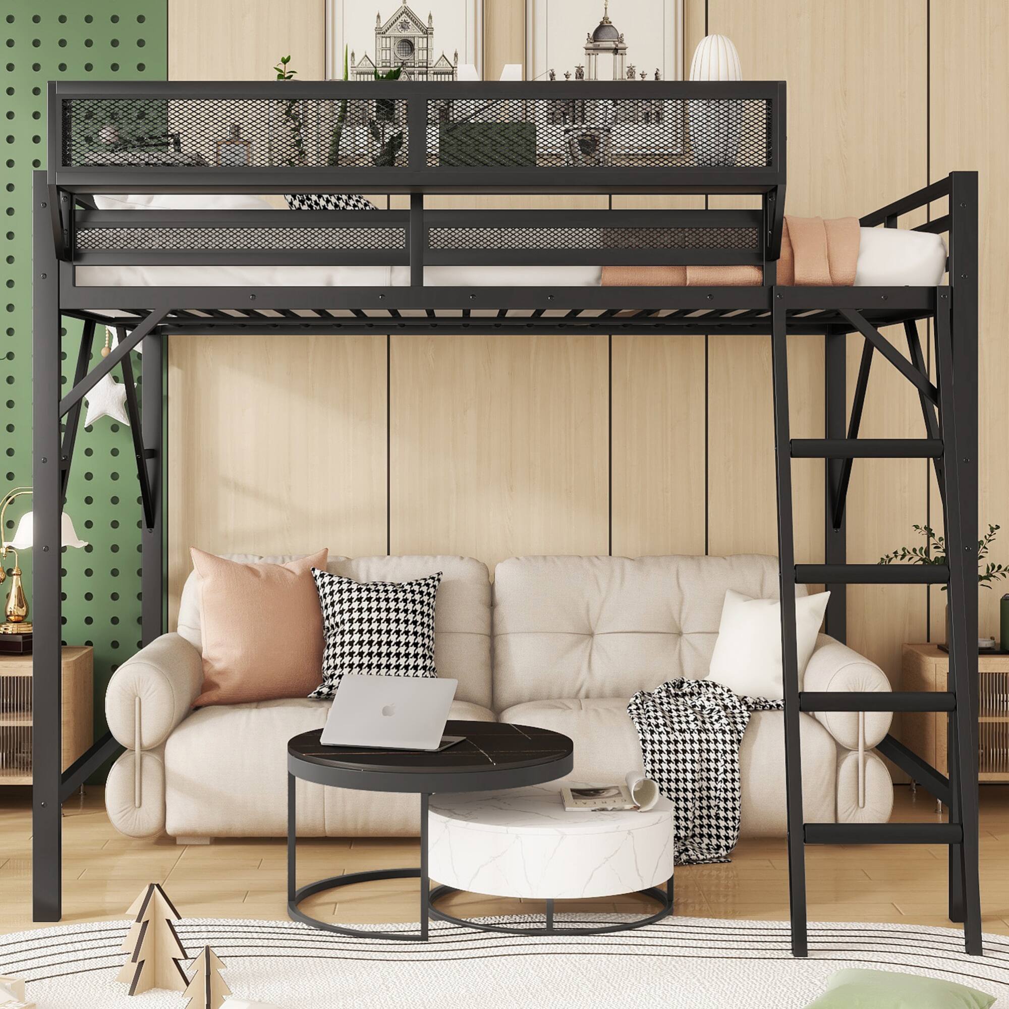 Back. GOODSILO - Full Size Metal Loft Bed with Storage Shelves and Ladder for Kids and Teens - Black.