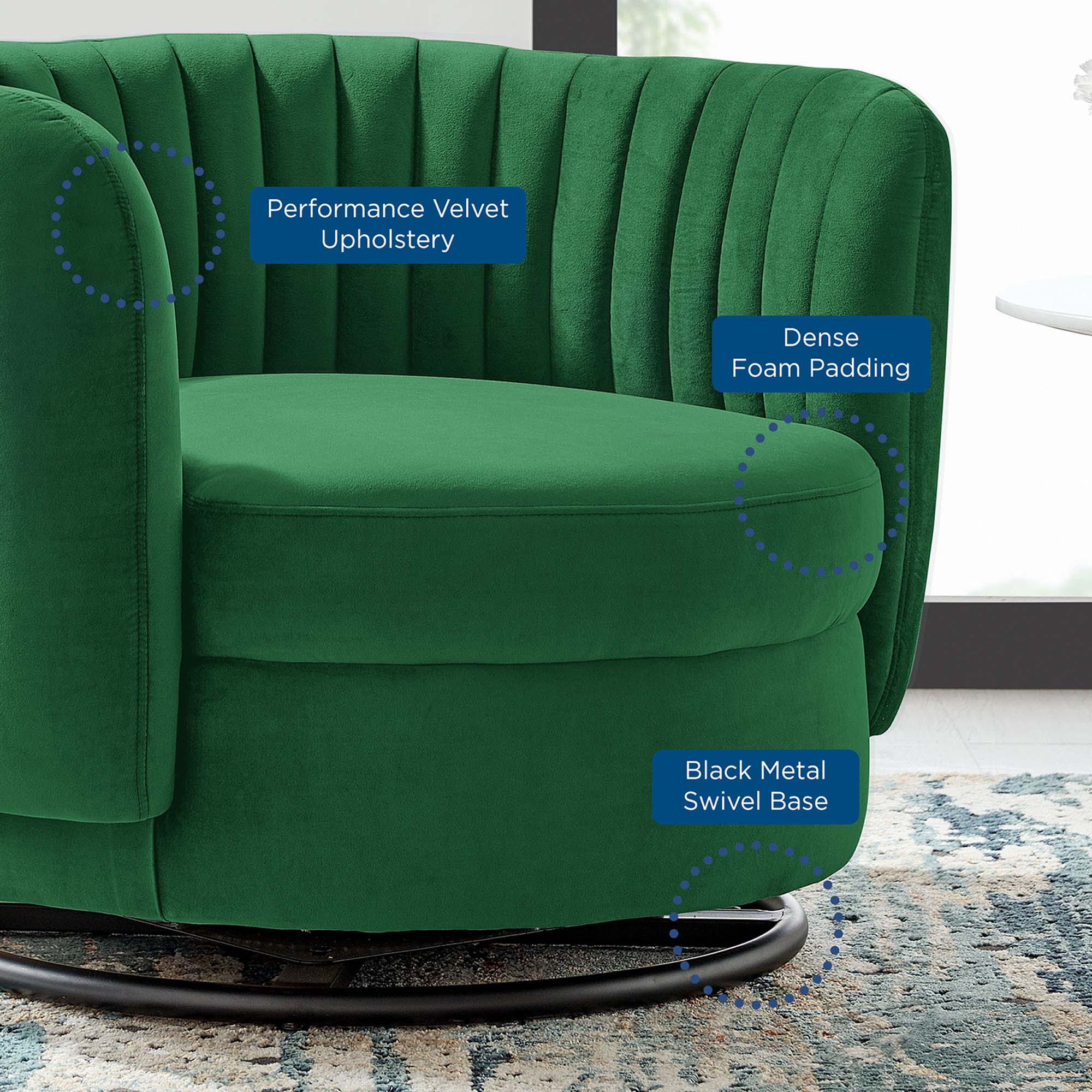 - Performance Velvet Upholstery
- Dense Foam Padding
- Black Metal Swivel Base