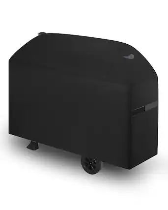 Front. VEVOR - Grill Cover, 63 inch BBQ Covers for Outdoor Grills, Fade Resistant, Weather Resistant Heavy Duty 600D Polyester - Black Fabric, White Reflective Strips.