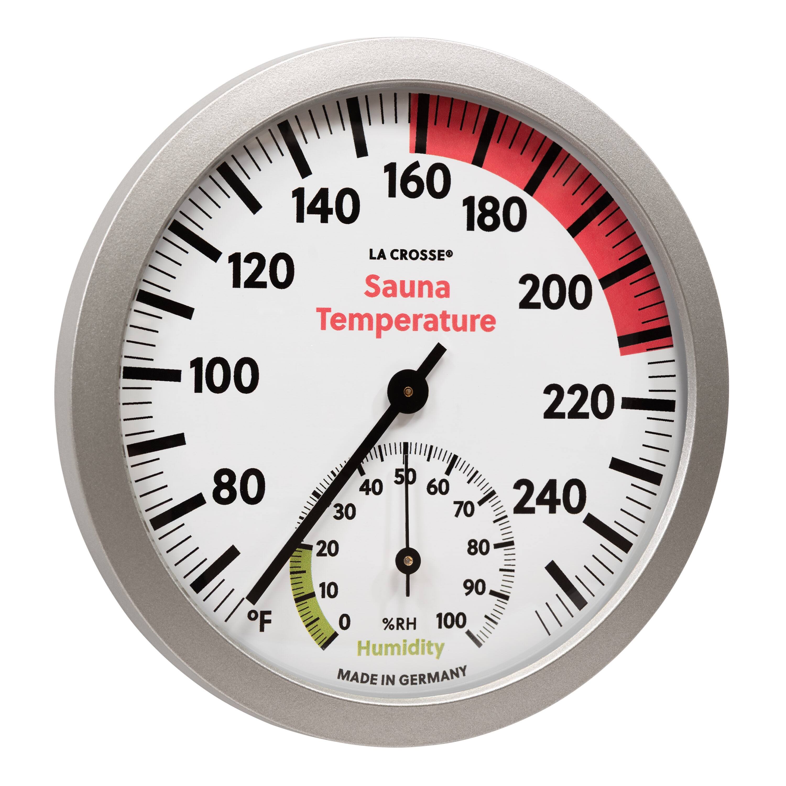 160 140 180 LA CROSSE 120 Sauna Temperature 100 220 80 F 50 40 60 30 70 240 20 80 C 10 90 0 %RH 100 Humidity MADE IN GERMANY