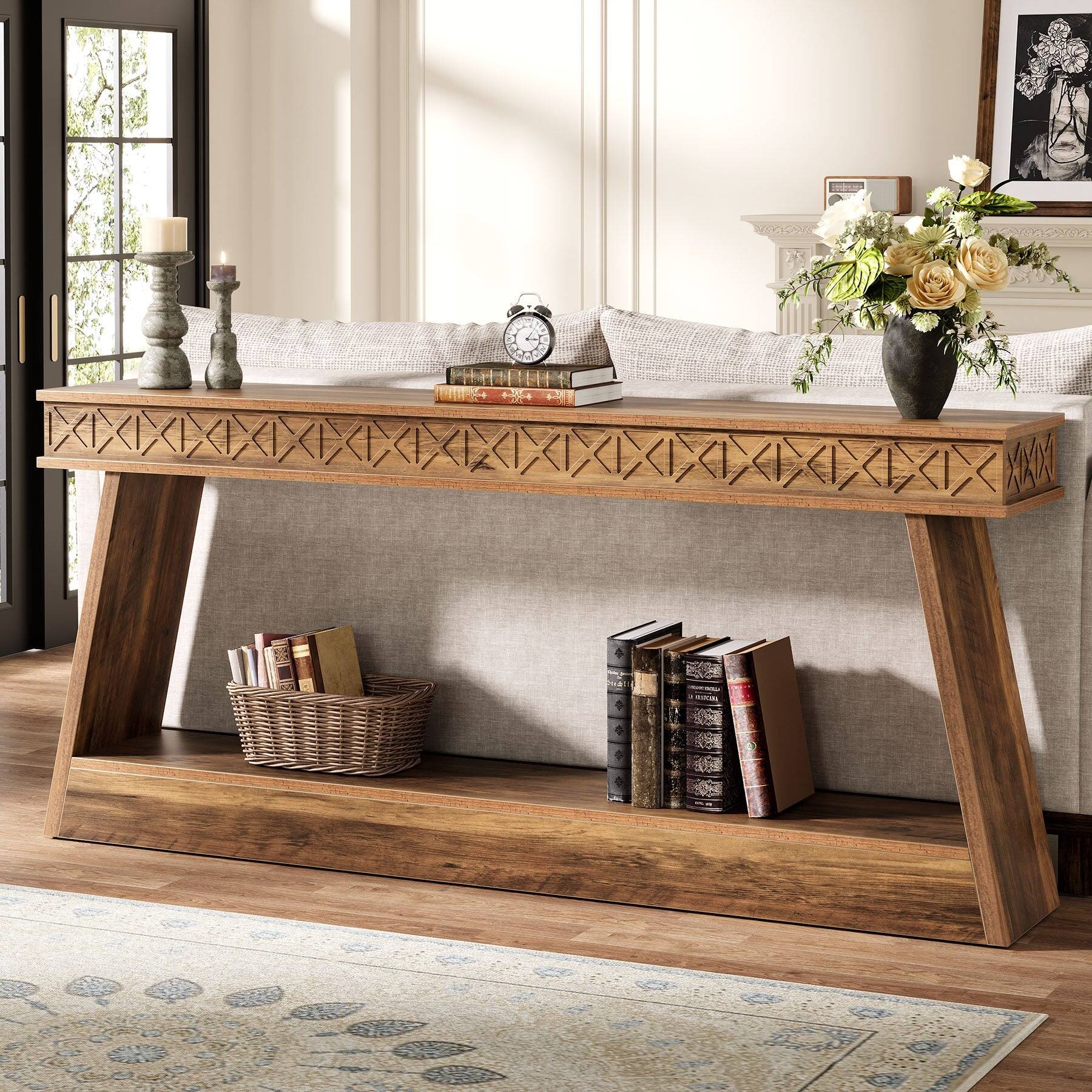 Front. Tribesigns - Farmhouse Console Table with Engineered Wood Construction and Storage Shelves for Entryway and Hallway - Brown.