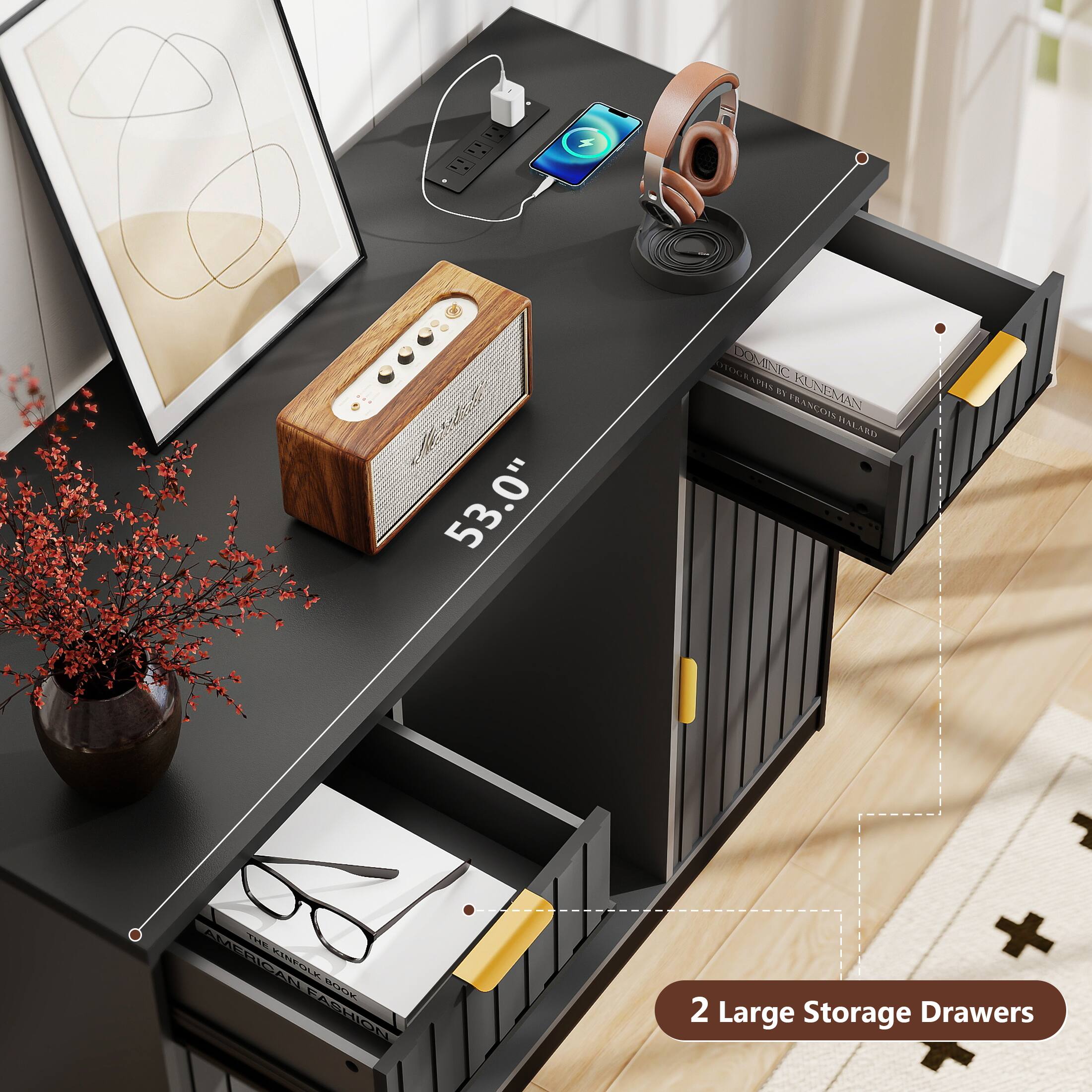 - 53.0" ATSEMS DEWRASES DOVNIC PVS 1 KUNEMAS 1A RASCONS ASCONHALARD ALARD AMAC KINFOLI AM ALEAEOM - ASHION
- 2 Large Storage Drawers