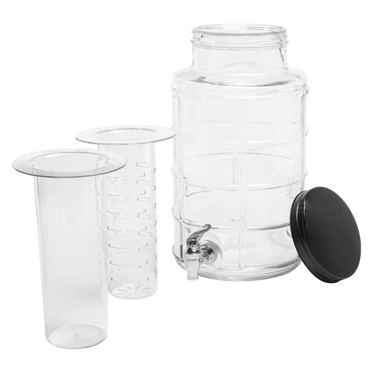 Left. Jay Import - Big Window 2.4 GAL/ 9L Beverage Dispenser With Ice Insert, Fruit Infuser, And Black Galvanized Base - Clear.