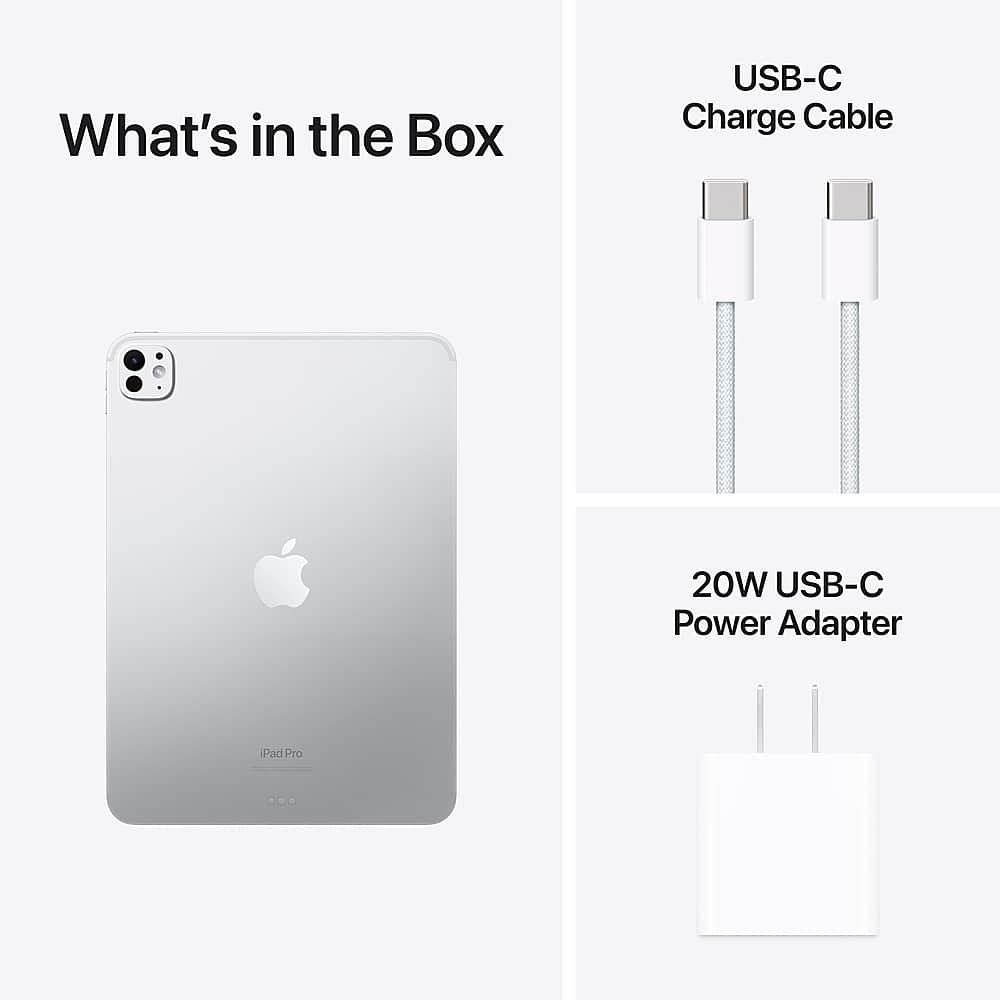 The image features an iPad Pro with a USB-C charge cable and a 20W USB-C power adapter. The USB-C charge cable is white and can be seen in the top right corner of the image. The 20W USB-C power adapter is also visible in the bottom right corner. The iPad Pro is placed in the middle of the image, with the USB-C charge cable and power adapter surrounding it.
