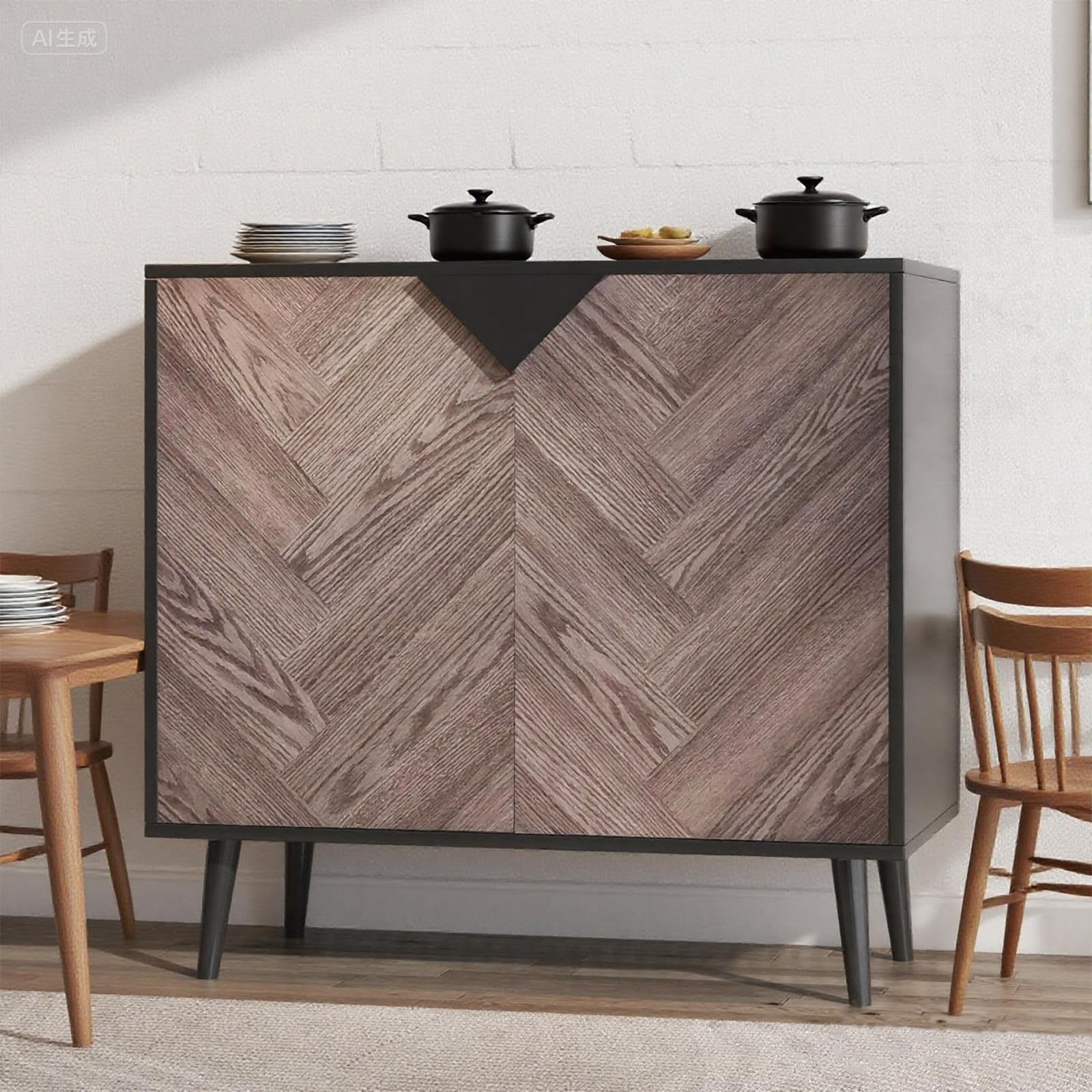 Alt View 3. Qeetex - 31.5" Sideboard Buffet Cabinet with 2 Doors, Wood Finish Modern Storage Accent Cabinet - Black+grey Grain.