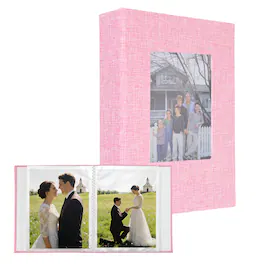 Unique Bargains - Photo Album 4"x6" 72 Photos Linen Cover Picture Photo Book with Display Window for Family Wedding Anniversary - Pink