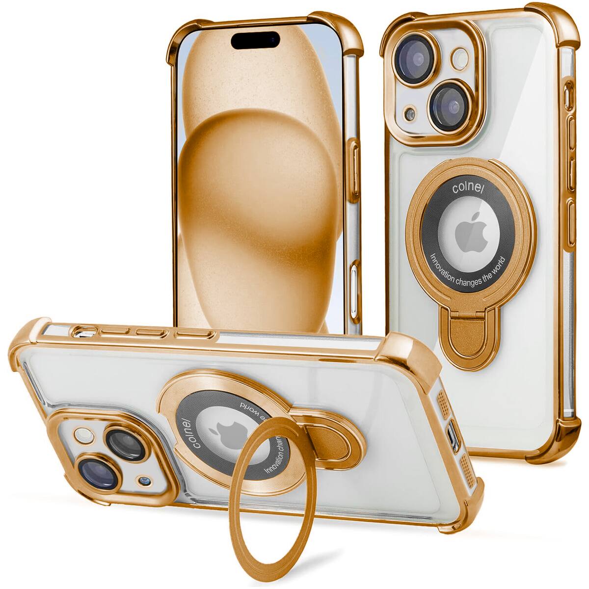 Entronix - Magnetic Case for iPhone 14 Plus with Clear Back and Glossy Gripstand - Gold